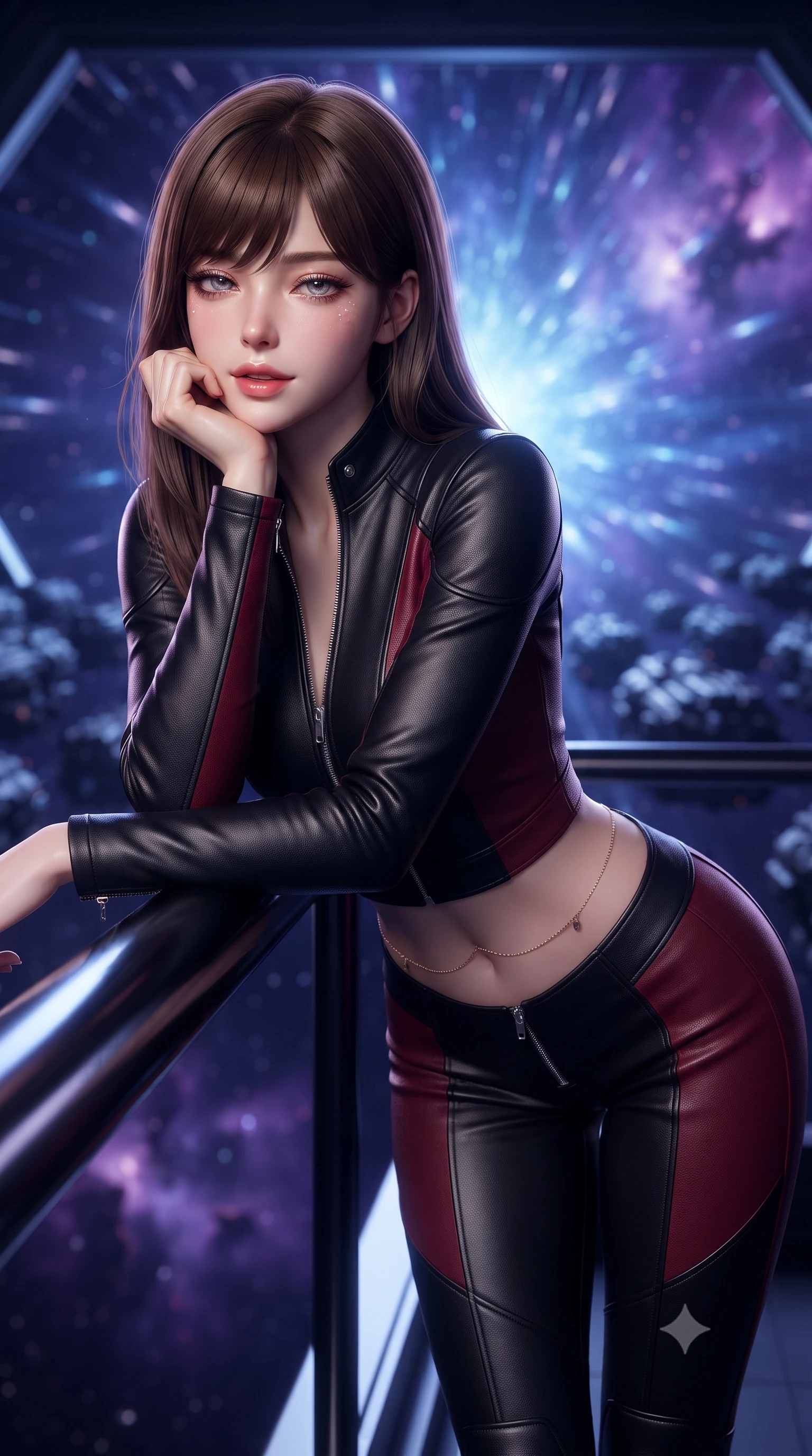 score_9, masterpiece, best quality, ultra-detailed, high-budget anime keyframe, editorial fashion photography, tasteful artistic composition, Korean woman. close-up cowboy shot from the waist and thighs up, the character dominates the composition, filling the frame with her large presence. resting one elbow on the table and supporting her chin, leaning close to the camera with heavy-lidded sparkling eyes and parted lips while leaning against the black chrome balustrade with hips cocked back, looking through the deep indigo void at the shimmering hyperspace warp gate with intoxicating smoldering bedroom-eyes. The background shows a soft-focus shimmering indigo hyperspace warp gate vortex, rows of dreadnought formations, and distant purple nebula clouds blurred into indigo, sapphire, and diamond bokeh. She has an exceptionally elegant, slender, and willowy female figure with an ultra-slim waist, flat toned midriff, narrow ribcage, and sculpted feminine hips creating an alluring, slim hourglass silhouette without bulk. sharp v-shaped jawline, high-bridge nose, intricate jewel-like sparkling eyes with depth, thick eyelashes, glossy parted lips with a natural peach sheen, bright cheerful beaming smile with an enchanting and coquettish sensual glint, exuding both youthful cute charm and seductive allure, flawlessly proportioned anatomical accuracy, strict slender model proportions, natural body alignment, perfectly sculpted long slender limbs, ultra-slim waistline, clean dynamic posture without body distortion. wearing a sculpted tactical lambskin leather catsuit with seamless paneling and silver zipper hardware accentuating her flat midriff and curvy hips in Star-Fortress obsidian black and imperial crimson, crafted from bespoke double-faced cashmere with an exceptionally soft tactile finish, accented with a dainty gold belly chain resting across her flat midriff and curving hips, the bespoke structured tailoring following the natural line of her 8.5-heads silhouette with refined elegance. bathed in the mystical indigo luminescence of the hyperspace gate mixed with warm 2800K balcony edge lighting. ultra-reflective glossy finish, specular highlights, rich textural contrasts, high-contrast stereoscopic depth, volumetric dynamic lighting, 2k, ultra detail, master piece, 9:16 ratio