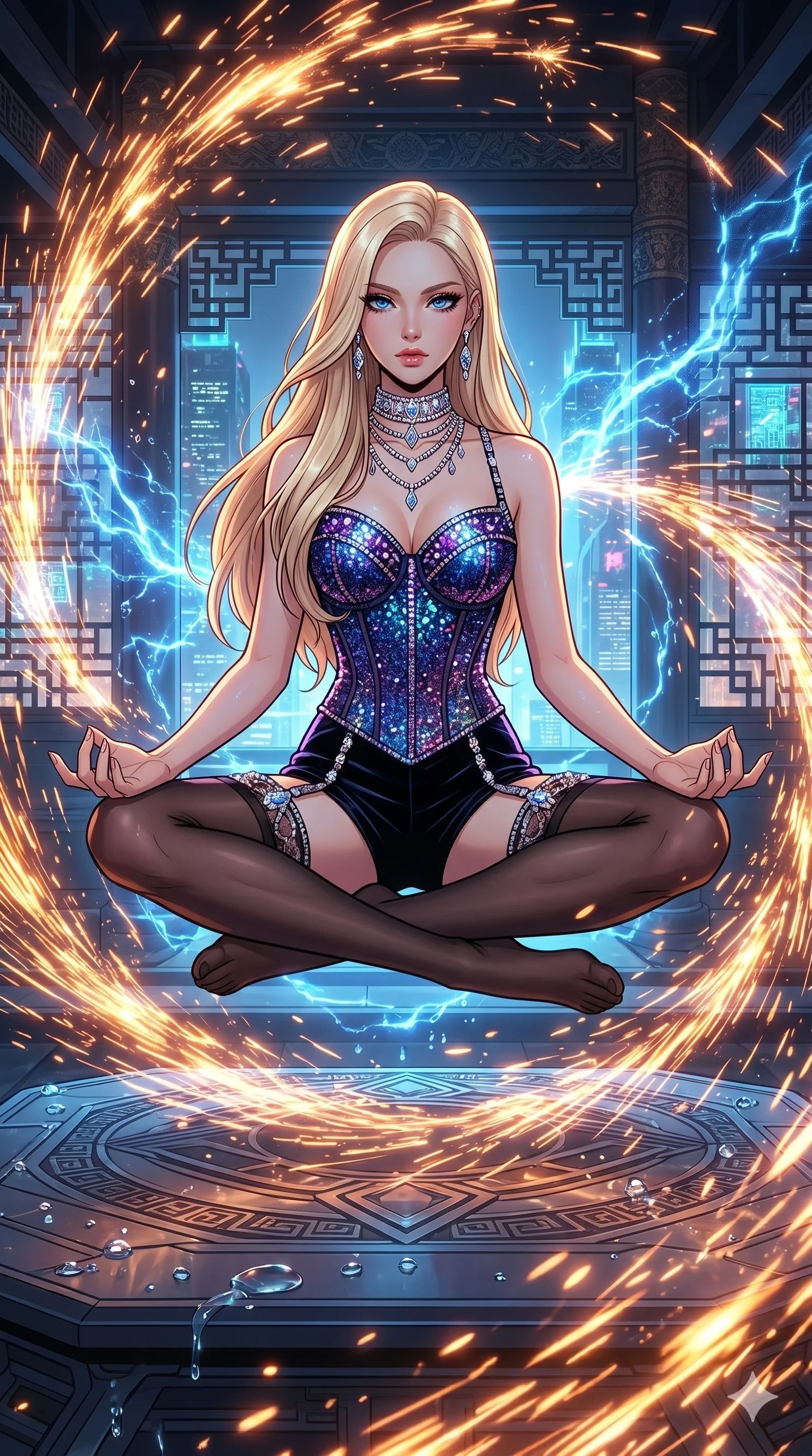 score_9, masterpiece, best quality, ultra-detailed, high-budget anime movie keyframe, cinematic anime lighting, intricate line art, Korean woman. Medium shot of upper body capturing the intricate details of her high-fashion attire. meditating peacefully in a cyber-temple in Neo-Tokyo in a storm of sparks. She has an absolutely perfect 8-heads proportion, an exceptionally tall and slender female figure with an ultra-slim waist and impossibly long slender legs. sharp v-shaped jawline, high-bridge nose, intricate jewel-like eyes, thick eyelashes, glossy lips. Wearing luxurious K-pop idol stage outfit featuring a sparkling sequined corset, high-cut velvet shorts, and sheer silk stockings with garter belts, accessorized with crystal chokers. The scene is illuminated by dramatic atmospheric lighting and vibrant color palettes. , 2k, ultra detail, master piece, 9:16 ratio