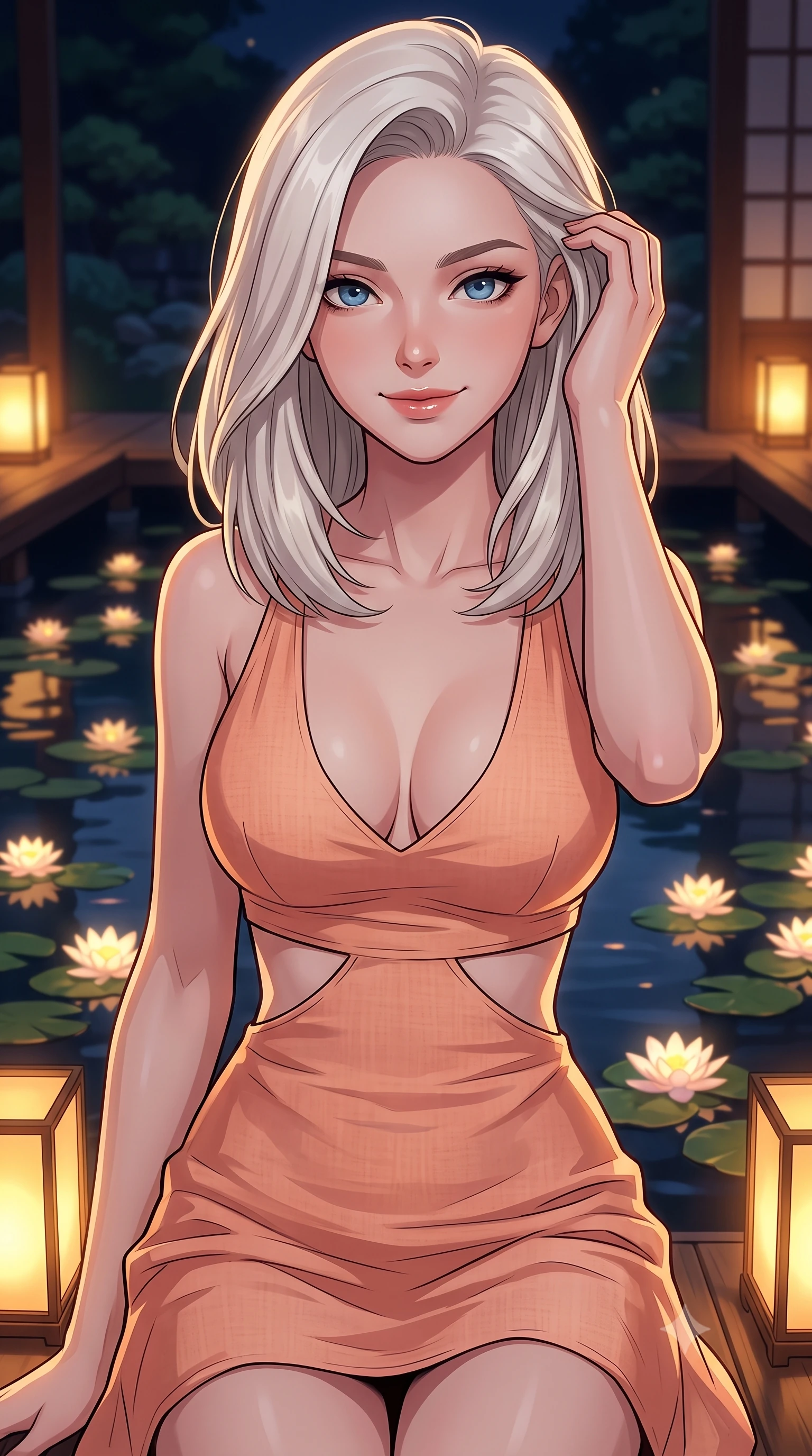 score_9, masterpiece, best quality, ultra-detailed, high-budget anime keyframe, tasteful artistic composition, Caucasian woman. close-up cowboy shot from the waist and thighs up, the character dominates the composition, filling the frame with her large presence, background elements kept in soft focus. smiling with quiet, magnetic self-assurance directly into the camera, running a hand through her hair the background shows a soft-focus a quiet garden tea deck overlooking a Zen pond filled with glowing water lilies. She has an exceptionally elegant, slender, and willowy female figure with an ultra-slim waist, a gracefully sculpted slender torso, and a refined silhouette. sharp v-shaped jawline, high-bridge nose, intricate jewel-like eyes with depth, thick eyelashes, glossy lips with a natural sheen. wearing a slim-fit summer sundress with double waist cutouts and a plunging neckline in peach linen. warm paper lantern light reflecting off the still water surface. highly saturated vibrant anime colors, cel-shading, 2d style, master piece, 9:16 ratio