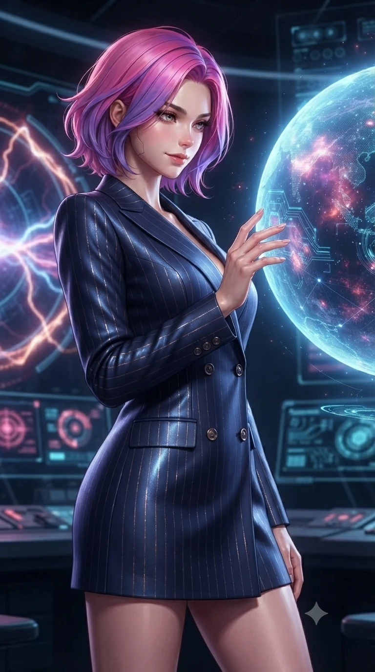 score_9, masterpiece, best quality, ultra-detailed, high-budget anime keyframe, editorial fashion photography, tasteful artistic composition, Caucasian woman. close-up cowboy shot from the waist and thighs up, the character dominates the composition, filling the frame with her large presence, background elements kept in soft focus. Glancing sidelong over her shoulder with a smoldering half-smile and heavy lashes interacting with a giant glowing holographic globe of a cybernetic planet, glowing plasma arcs pulsating rhythmically in the background. She has an exceptionally elegant, slender, and willowy female figure with an ultra-slim waist, a gracefully sculpted slender torso, and a refined silhouette. sharp v-shaped jawline, high-bridge nose, intricate jewel-like eyes with depth, thick eyelashes, glossy lips with a natural sheen. wearing a tailored double-breasted blazer dress in navy with subtle metallic pin-stripes, the glove-like fit emphasizing her statuesque silhouette. illuminated by radiant cosmic nebula light and glowing holographic displays. ultra-reflective glossy finish, specular highlights, metallic sheen, high-contrast stereoscopic depth, volumetric dynamic lighting, 2k, ultra detail, master piece, 9:16 ratio