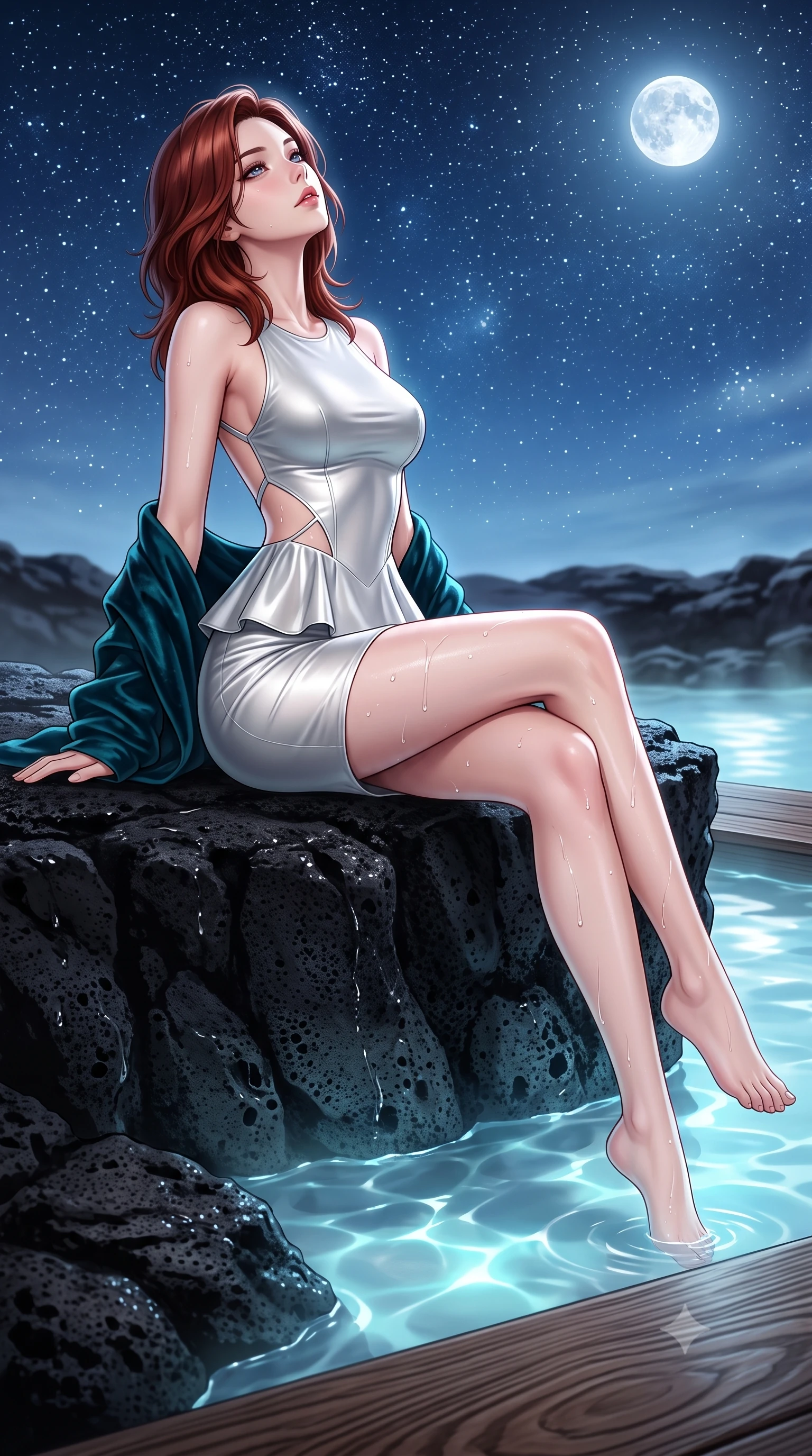 score_9, masterpiece, best quality, ultra-detailed, high-budget anime keyframe, semi-realistic 3D game render, editorial fashion photography, tasteful artistic composition, Korean woman. low angle full-body shot from head to toe showing her feet, filling the entire 9:16 vertical frame with her statuesque presence, stretching her vertical silhouette. sitting perched on the elevated edge with hips angled toward the camera and legs crossed, displaying her toned midriff and flawlessly sculpted slender limbs while leaning back against a smooth black lava rock ledge, head tilted back toward the starry Arctic sky as warm water caresses her slender curves. The surrounding environment is rendered in vivid detail and crisp panoramic clarity. sharp porous black lava rock textures, distinct water droplet tracks on skin, and cedar wood grain in deep focus. She has an exceptionally tall and slender model-like 8.5-heads proportion, an ultra-slim waist, a flat toned midriff, narrow delicate ribcage, and beautifully sculpted feminine hips creating a graceful, slim hourglass silhouette without any bulky heaviness, with impossibly long slender legs. sharp v-shaped jawline, high-bridge nose, intricate jewel-like eyes with depth, thick eyelashes, glossy parted lips with a natural sheen, intensely captivating and seductive bedroom-eyes expression, flawlessly proportioned anatomical accuracy, strict slender model proportions, natural body alignment, perfectly sculpted long slender limbs, ultra-slim waistline, clean dynamic posture without body distortion. wearing a modern peplum corset dress with side-waist diamond cutouts and an ultra-tight silhouette in shimmering silver mercury and pearl white, tailored from liquid silk jersey adhering flawlessly to her slender build, complemented by a plush velvet shawl draped loosely over her elbows, the dramatically scooped open back descending to the base of her spine, accentuating her razor-sharp statuesque lines and slim hourglass silhouette. bathed in soft underwater milky-cyan LED lagoon illumination and cool silver full-moon light from above. highly saturated vibrant anime colors, detailed shading with soft gradients, rich glossy textures, high-contrast stereoscopic depth, volumetric dynamic lighting, master piece, 9:16 ratio