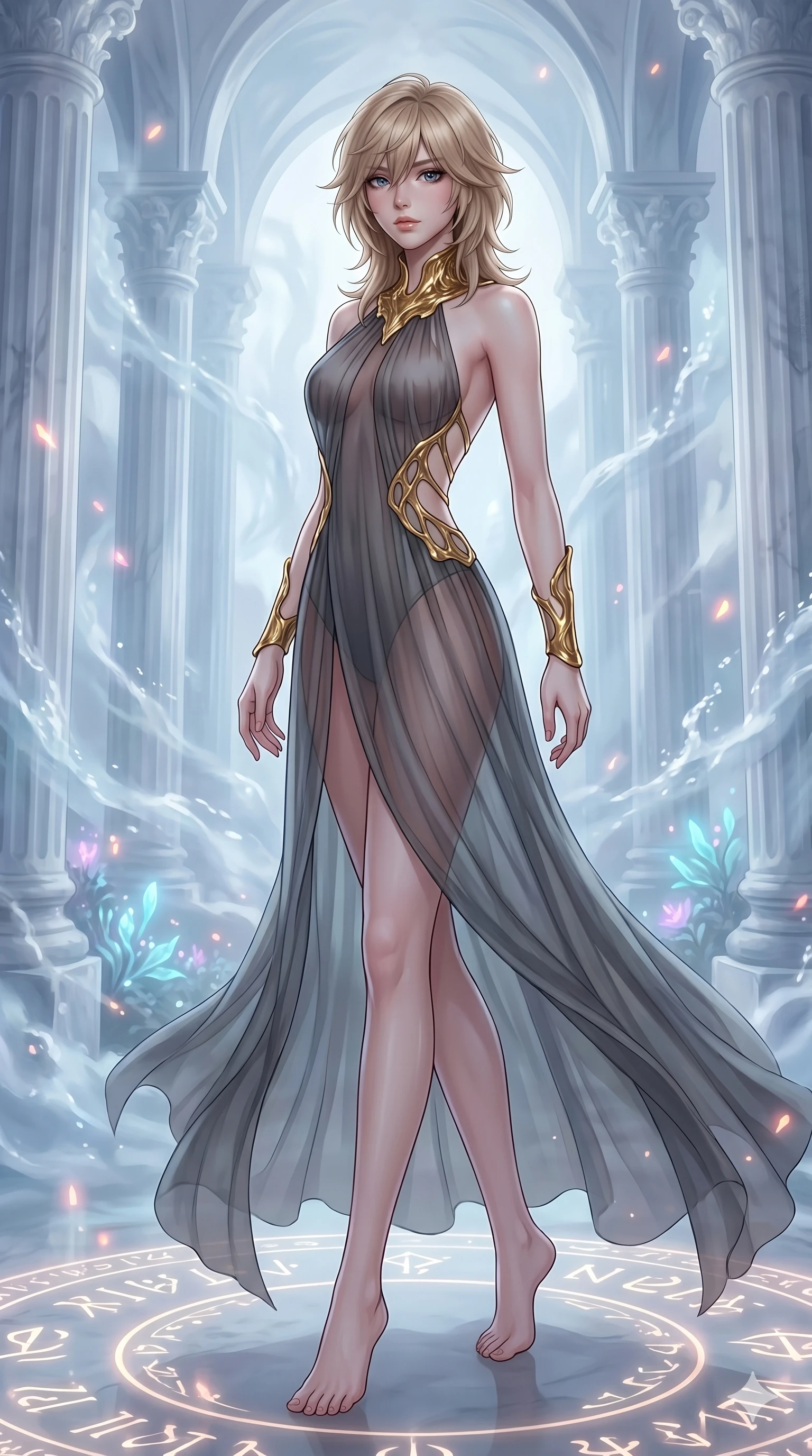 score_9, masterpiece, best quality, ultra-detailed, high-budget anime keyframe, editorial fashion photography, tasteful artistic composition, Japanese woman. low angle full-body shot from head to toe showing her feet, filling the entire 9:16 vertical frame with her statuesque presence, stretching her vertical silhouette. twisting her body around through a mirage cloud cathedral of translucent marble and water mist as glowing runes and symbols fade in and out on the ground. She has an absolutely perfect 8-heads proportion, an exceptionally tall and slender female figure with impossibly long slender legs and an ultra-slim waist. V-shaped jawline, high-bridge nose, intricate jewel-like eyes with depth, thick eyelashes, glossy lips with a natural sheen.. wearing a molten gold and chiffon gown, featuring organic liquid gold collar and cuffs on a translucent charcoal-gray halter neck chiffon gown with a open-back architectural design. enhanced by the soft inner light of bioluminescent flora and neon embers in the background. 2k, ultra detail, master piece, 9:16 ratio