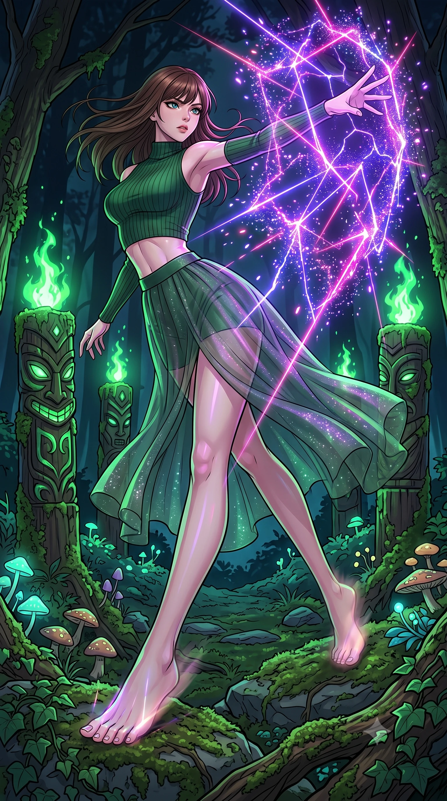 score_9, masterpiece, best quality, ultra-detailed, high-budget anime keyframe, clean line-art, cel-shading, Korean woman. low angle full-body shot from head to toe showing her feet, filling the entire 9:16 vertical frame with her statuesque presence, stretching her vertical silhouette. dodging backward with feline agility while casting an energy barrier through a dense forest at night, where ancient wooden totems are glowing with green magical flame, moss creeping up the carvings. She has a statuesque 8.5-heads proportion, an exceptionally tall, slender and willowy model-like build with impossibly long legs and a highly sculpted ultra-slim waist. sharp v-shaped jawline, high-bridge nose, intricate jewel-like eyes with depth, thick eyelashes, glossy lips with a natural sheen. wearing catching and diffusing the glowing particles, shimmering softly in response to the surrounding light, a body-hugging high-neck ribbed crop top in forest green, paired with a midi skirt featuring a sheer chiffon overlay revealing her legs. laser lines of violet and hot pink reflecting off surfaces casting geometric neon highlights. highly saturated vibrant anime colors, intense vivid color palette, volumetric dynamic lighting, 2k, ultra detail, master piece, 9:16 ratio