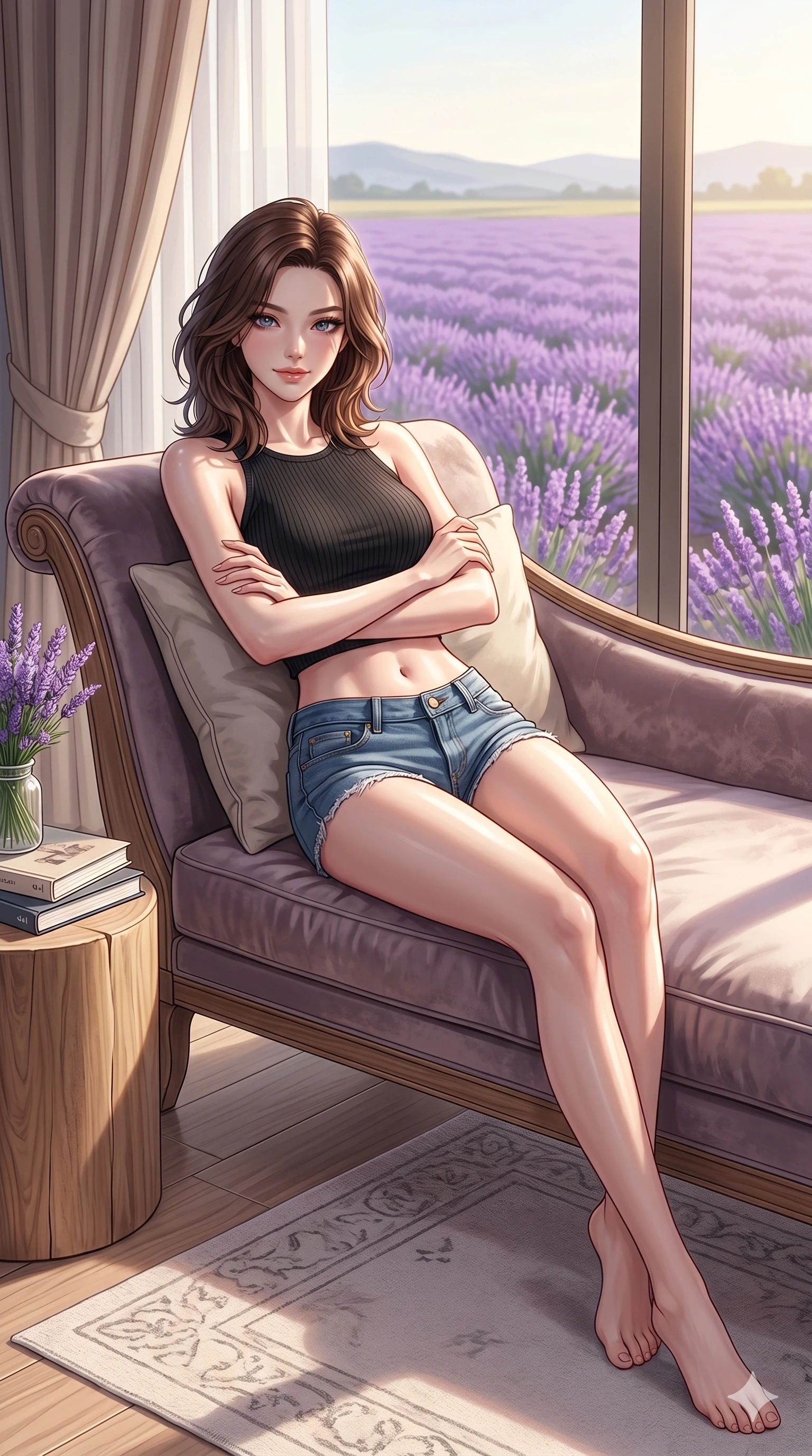 score_9, masterpiece, best quality, ultra-detailed, high-budget anime keyframe, editorial fashion photography, tasteful artistic composition, Korean woman. cowboy shot from the thighs up, character and outfit filling the frame for maximum editorial presence. crossing her arms and leaning back, casting a cool, bedroom-eyes smile at the camera inside a private sunlit bedroom overlooking a field of purple lavender (Code-P18-109). She has an absolutely perfect 8-heads proportion, an exceptionally tall and slender female figure with impossibly long slender legs and an ultra-slim waist. V-shaped jawline, high-bridge nose, intricate jewel-like eyes with depth, thick eyelashes, glossy lips with a natural sheen. wearing a crop top showing her bare midriff and micro-shorts. drenched in soft morning sunshine, tracing her bare shoulders and clavicle lines. 2k, ultra detail, master piece, 9:16 ratio