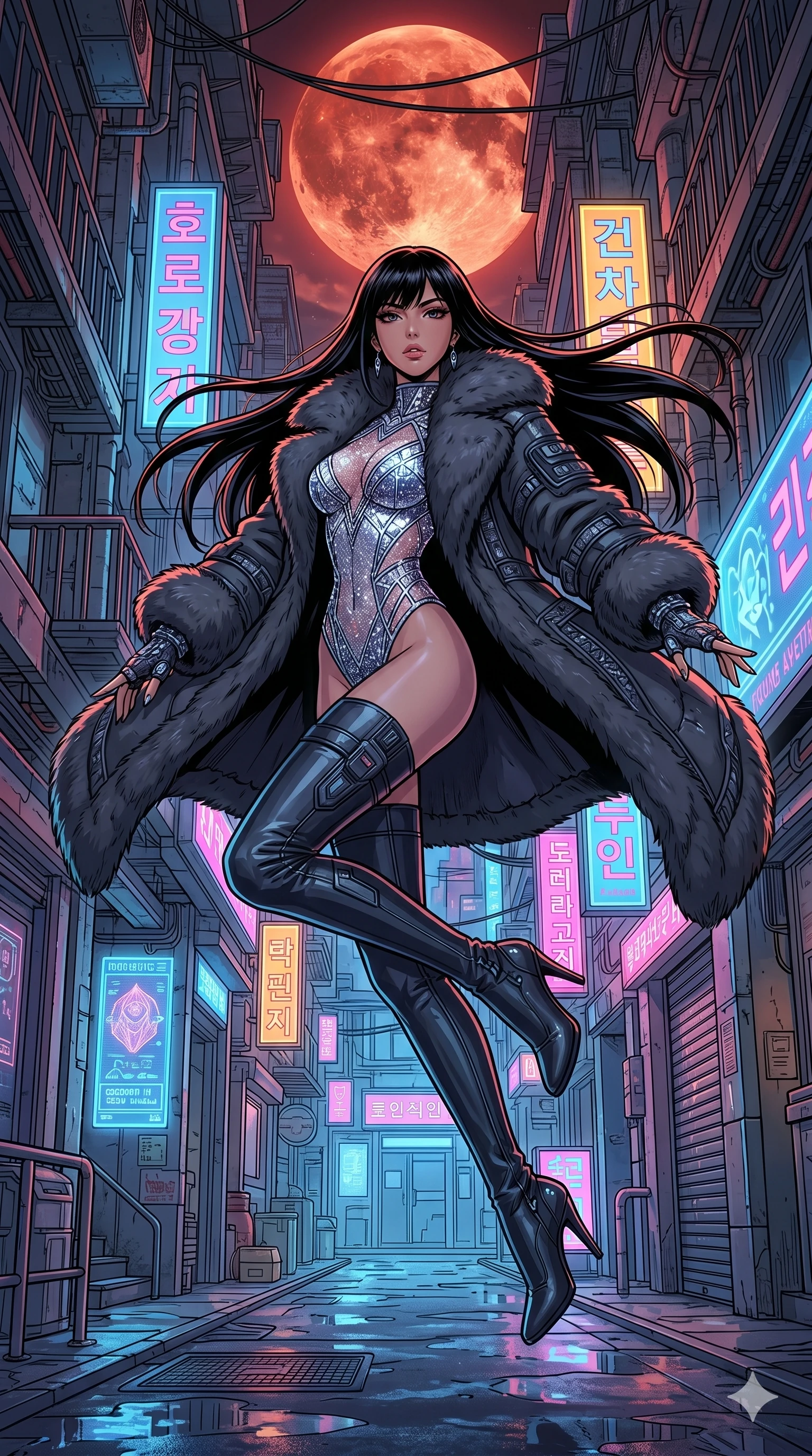 score_9, masterpiece, best quality, ultra-detailed, high-budget anime movie keyframe, cinematic anime lighting, intricate line art, Korean woman. Low angle cowboy shot filling the entire 9:16 frame with her statuesque presence. leaping gracefully in a neon-lit cyberpunk alleyway under a blood moon. She has an absolutely perfect 8-heads proportion, an exceptionally tall and slender female figure with an ultra-slim waist and impossibly long slender legs. sharp v-shaped jawline, high-bridge nose, intricate jewel-like eyes, thick eyelashes, glossy lips. Wearing seasonal winter-couture featuring a plush oversized faux-fur coat worn over a skin-tight crystalline leotard and thigh-high stiletto boots. The scene is illuminated by dramatic atmospheric lighting and vibrant color palettes. , 2k, ultra detail, master piece, 9:16 ratio