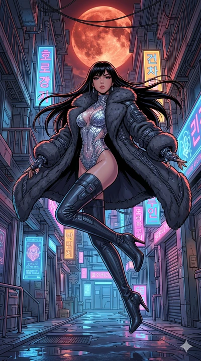 score_9, masterpiece, best quality, ultra-detailed, high-budget anime movie keyframe, cinematic anime lighting, intricate line art, Korean woman. Low angle cowboy shot filling the entire 9:16 frame with her statuesque presence. leaping gracefully in 