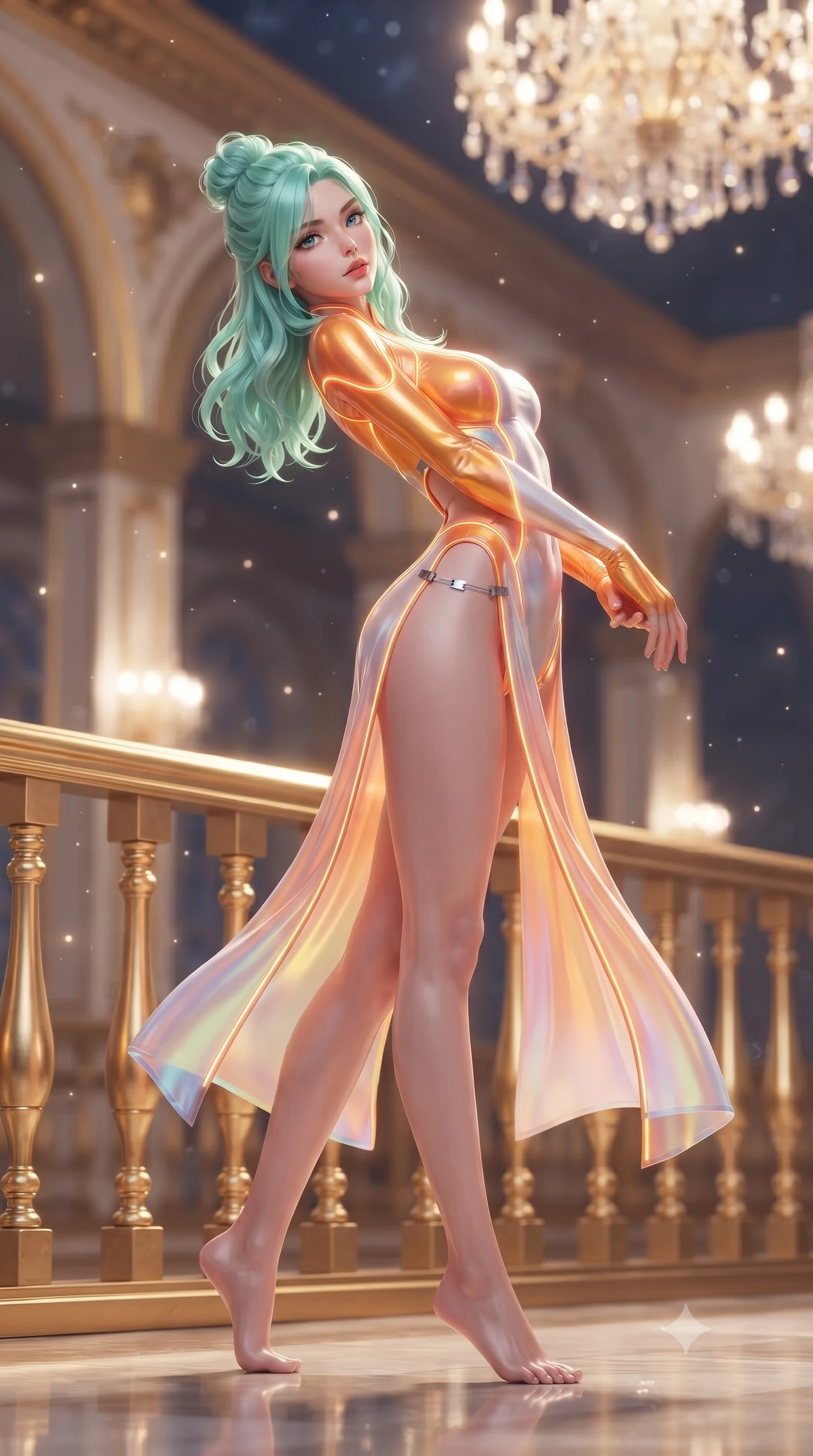 score_9, masterpiece, best quality, ultra-detailed, high-budget anime keyframe, editorial fashion photography, tasteful artistic composition, Japanese woman. low angle full-body shot from head to toe showing her feet, filling the entire 9:16 vertical frame with her statuesque presence, stretching her vertical silhouette. arching her back in a fluid zero-gravity turn with sovereign grace, her long slender legs and sculpted torso creating a sweeping line while pivoting dynamically near a gilded balustrade as evening starlight and hovering crystal chandeliers illuminate her gown. The composition keeps background elements in soft focus with creamy bokeh. gilded ballroom arches and floating starlight motes softened in luminous shallow focus. She has an absolutely perfect, statuesque 8.5-heads proportion, an exceptionally tall and slender model-like female figure with impossibly long slender legs, a toned flat midriff, and an ultra-slim waist. sharp v-shaped jawline, high-bridge nose, intricate jewel-like eyes with depth, thick eyelashes, glossy lips with a natural sheen, flawlessly proportioned anatomical accuracy, strict slender model proportions, natural body alignment, perfectly sculpted long slender limbs, ultra-slim waistline, clean dynamic posture without body distortion. wearing a skin-tight cybernetic bodysuit with glowing neon seams, deep hip cutouts, and an aerodynamic athletic fit in vivid sunset amber orange and cloud white, made of smooth iridescent silk chiffon that shifts colors with movement, finished with an ultra-high side slit secured by miniature magnetic clasps, the glove-like aerodynamic second-skin fit tightly clinging to her ultra-slender waist and athletic curves without adding bulk, accentuating her razor-sharp statuesque lines and slim hourglass silhouette. surrounded by an enchanting, romantic, and intensely glamorous celestial ballroom ambiance. ultra-reflective glossy finish, specular highlights, metallic sheen, high-contrast stereoscopic depth, volumetric dynamic lighting, 2k, ultra detail, master piece, 9:16 ratio
