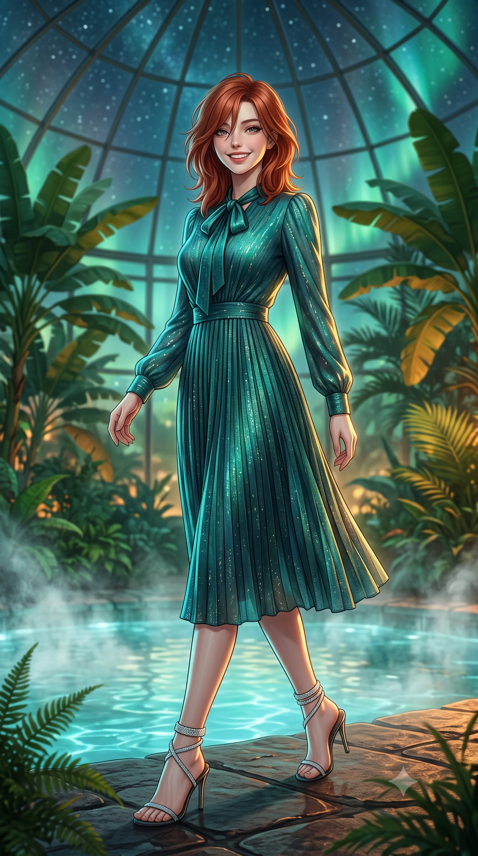 score_9, masterpiece, best quality, ultra-detailed, high-budget anime keyframe, editorial fashion photography, tasteful artistic composition, Korean woman. low angle full-body shot from head to toe showing her feet, filling the entire 9:16 vertical frame with her statuesque presence, stretching her vertical silhouette. stepping forward in a confident stride, her long slender legs and curvaceous hips creating a dynamic, sweeping vertical line while standing poised on the heated lava stone deck beside the steaming botanical thermal pool under the soaring glass conservatory truss, arching her back with siren allure. The background shows a soft-focus steaming indoor thermal pool, lush subarctic greenhouse banana palms and ferns, and starry subpolar sky through glass dome blurred into emerald, turquoise, and amber bokeh. She has an exceptionally tall and slender model-like 8.5-heads proportion, an ultra-slim waist, a flat toned midriff, narrow delicate ribcage, and beautifully sculpted feminine hips creating a graceful, slim hourglass silhouette without any bulky heaviness, with impossibly long slender legs. sharp v-shaped jawline, high-bridge nose, intricate jewel-like sparkling eyes with depth, thick eyelashes, glossy parted lips with a natural peach sheen, bright cheerful beaming smile with an enchanting and coquettish sensual glint, exuding both youthful cute charm and seductive allure, flawlessly proportioned anatomical accuracy, strict slender model proportions, natural body alignment, perfectly sculpted long slender limbs, ultra-slim waistline, clean dynamic posture without body distortion. wearing an elegant long-sleeve silk georgette tea dress with pleated A-line skirt and neck pussy-bow in Arctic aurora borealis emerald and starlight diamond, woven from structured British tweed with subtle metallic flecks, complemented by strappy stiletto sandals with crystal ankle wraps accentuating her slender calves, the impeccably tailored cut draping gracefully along her slender figure with aristocratic poise. illuminated by mineral pool specular bounce and sharp gold-cyan dual rim lights sculpting her jawline, narrow waist, and curvy hips. ultra-reflective glossy finish, specular highlights, rich textural contrasts, high-contrast stereoscopic depth, volumetric dynamic lighting, 2k, ultra detail, master piece, 9:16 ratio