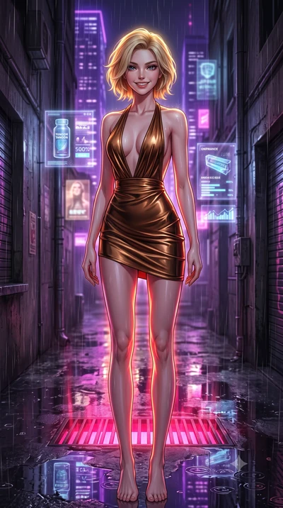 score_9, masterpiece, best quality, ultra-detailed, high-budget anime keyframe, editorial fashion photography, tasteful artistic composition, Caucasian woman, strictly human ears. low angle full-body shot from head to toe showing her feet, filling th
