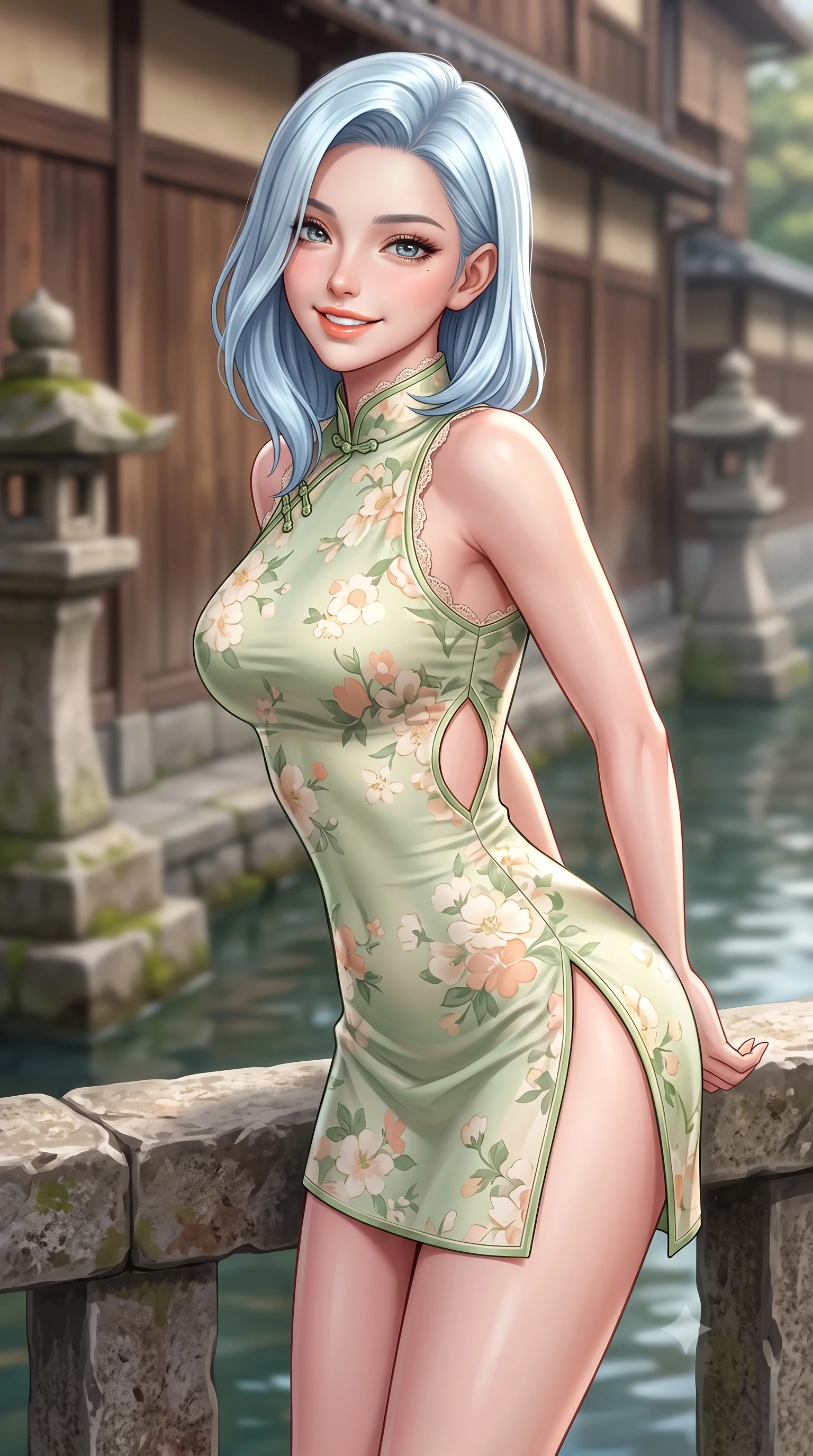 score_9, masterpiece, best quality, ultra-detailed, high-budget anime keyframe, semi-realistic 3D game render, editorial fashion photography, tasteful artistic composition, Korean woman. close-up cowboy shot from the waist and thighs up, the character dominates the composition, filling the frame with her large presence. resting both hands lightly behind her back while leaning toward the lens with a cheerful, teasing grin, her form-fitting outfit hugging her narrow waist and feminine hip curve while leaning against a rustic stone canal parapet with hips cocked back, looking over a bare shoulder with shy yet deliciously coquettish eyes. The composition keeps background elements in soft focus with dreamy creamy bokeh. traditional wooden teahouse walls and stone moss lanterns softened in tranquil Kyoto shallow focus. She has an exceptionally elegant, slender, and willowy female figure with an ultra-slim waist, flat toned midriff, narrow ribcage, and sculpted feminine hips creating an alluring, slim hourglass silhouette without bulk. sharp v-shaped jawline, high-bridge nose, intricate jewel-like sparkling eyes with depth, thick eyelashes, glossy parted lips with a natural peach sheen, bright cheerful beaming smile with an enchanting and coquettish sensual glint, exuding both youthful cute charm and seductive allure, flawlessly proportioned anatomical accuracy, strict slender model proportions, natural body alignment, perfectly sculpted long slender limbs, ultra-slim waistline, clean dynamic posture without body distortion. wearing a modern cute qipao mini dress with double side slits ascending to the hip in pastel floral silk in matcha green and warm ivory, crafted from liquid-tight stretch jersey emphasizing every curve, finished with delicate lace scallop edging along the neckline, the precision-cut side openings and low-back scoop framing her graceful spine and the sensual sweep of her slim, toned hips. illuminated by calm water reflections sharply sculpting her sculpted cheekbones, ultra-slim waist, and curvy hips. highly saturated vibrant anime colors, detailed shading with soft gradients, rich glossy textures, high-contrast stereoscopic depth, volumetric dynamic lighting, master piece, 9:16 ratio