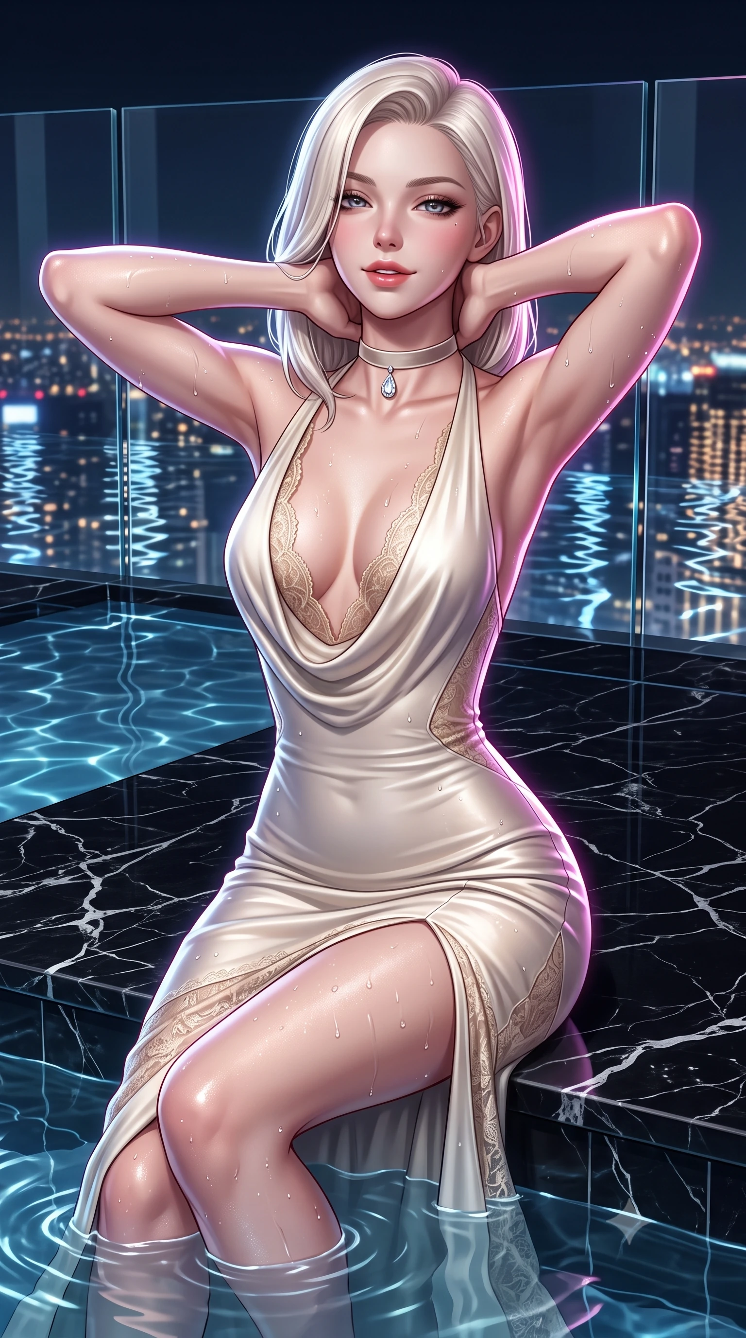 score_9, masterpiece, best quality, ultra-detailed, high-budget anime keyframe, semi-realistic 3D game render, editorial fashion photography, tasteful artistic composition, Caucasian woman. close-up cowboy shot from the waist and thighs up, the character dominates the composition, filling the frame with her large presence. resting both hands lightly behind her neck with elbows raised, arching her spine to highlight her narrow waist, flat midriff, and breathtaking collarbones while sitting on the submerged black marble ledge of the 60th-floor rooftop pool, arching her spine with wet-look siren grace as metropolis lights ripple across the water. The surrounding environment is rendered in vivid detail and crisp panoramic clarity: sharp white calcite veins in black Marquina marble, glistening water droplets on toned dewy skin, and clear pool coping edge in deep focus. She has an exceptionally elegant, slender, and willowy female figure with an ultra-slim waist, flat toned midriff, narrow ribcage, and sculpted feminine hips creating an alluring, slim hourglass silhouette without bulk. sharp v-shaped jawline, high-bridge nose, sparkling eyes with hypnotic seductive depth, thick curled eyelashes, glossy parted lips with a natural dewy peach sheen, alluring bedroom-eyes with an enchanting coquettish smile, exuding magnetic siren charisma and sophisticated glamour, flawlessly proportioned anatomical accuracy, strict slender model proportions, natural body alignment, perfectly sculpted long slender limbs, ultra-slim waistline, clean dynamic posture without body distortion. wearing a plunging cowl-neck liquid silk evening gown with dramatic train and diamond-accented waist cinch in Austrian royal ivory and champagne lace, woven from buttery-soft stretch lambskin leather adhering to her body like a second skin, finished with a thin velvet ribbon choker and a single teardrop diamond pendant, the liquid-tight tailored fabric clinging flawlessly to her narrow waist and rounded feminine hips, emphasizing every millimeter of her sculpted slim hourglass curves without any bulky heaviness. illuminated by water ripple caustics and sharp platinum-magenta rim lights defining her delicate clavicles, ultra-slim waist, and curvy hips. highly saturated vibrant anime colors, detailed shading with soft gradients, rich glossy textures, high-contrast stereoscopic depth, volumetric dynamic lighting, master piece, 9:16 ratio