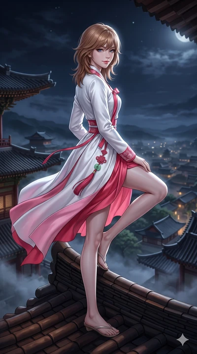 Korean woman. low angle full-body shot from head to toe showing her feet, fil.