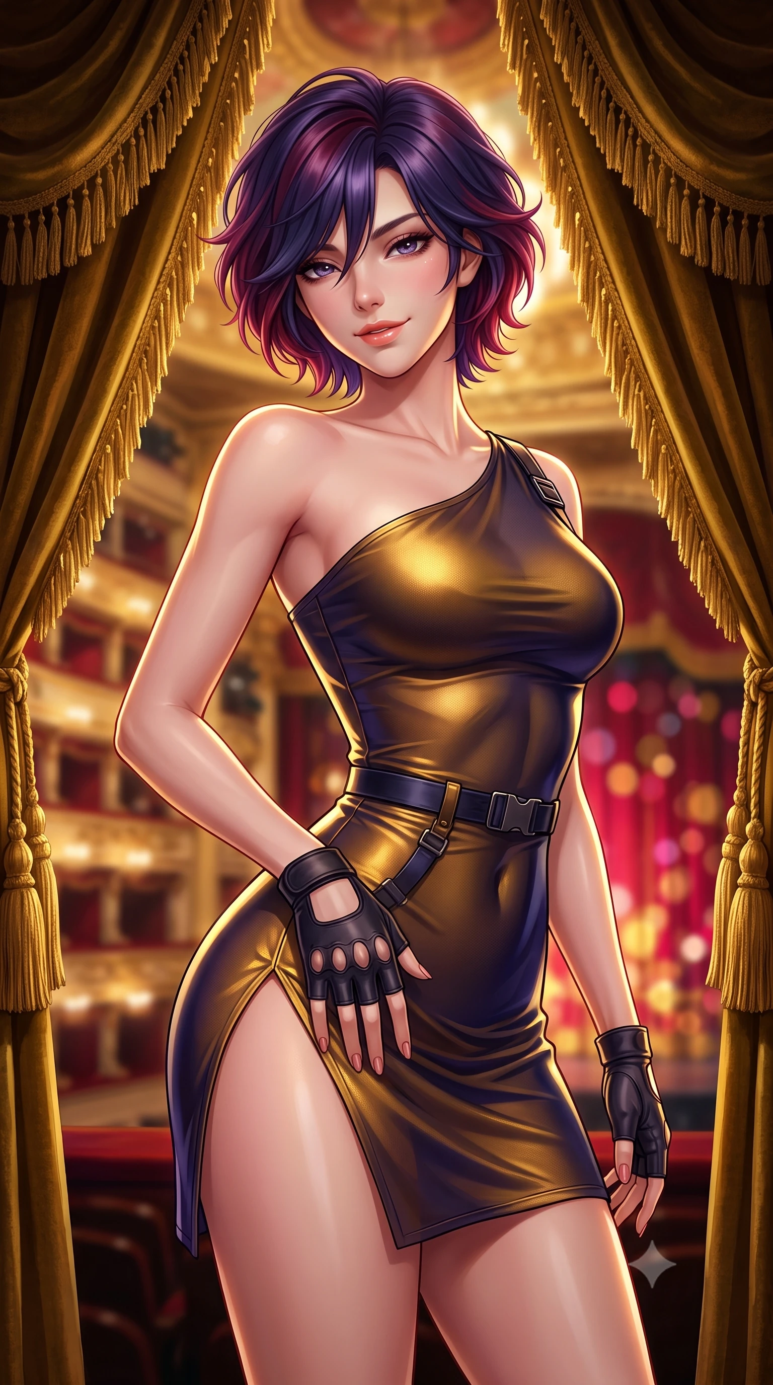 score_9, masterpiece, best quality, ultra-detailed, high-budget anime keyframe, semi-realistic 3D game render, editorial fashion photography, tasteful artistic composition, Korean woman. close-up cowboy shot from the waist and thighs up, the character dominates the composition, filling the frame with her large presence. tilting her head with a teasing half-smile, running one hand slowly down the side of her hip in a flirtatious S-curve as ambient light caresses her silhouette while twisting her slender torso in an alluring S-curve, heavy gold-tasseled velvet drapes framing her form-fitting ballet bodice and curvy hips. The background shows a soft-focus the vast gilded theater auditorium, tiers of opera boxes, and distant stage curtain blurred into crimson, gold, and ruby bokeh. She has an exceptionally elegant, slender, and willowy female figure with an ultra-slim waist, flat toned midriff, narrow ribcage, and sculpted feminine hips creating an alluring, slim hourglass silhouette without bulk. sharp v-shaped jawline, high-bridge nose, sparkling eyes with hypnotic seductive depth, thick curled eyelashes, glossy parted lips with a natural dewy peach sheen, alluring bedroom-eyes with an enchanting coquettish smile, exuding magnetic siren charisma and sophisticated glamour, flawlessly proportioned anatomical accuracy, strict slender model proportions, natural body alignment, perfectly sculpted long slender limbs, ultra-slim waistline, clean dynamic posture without body distortion. wearing an asymmetric one-shoulder tactical compression mini dress with a dramatic hip-high slit and utility harness belt in molten liquid gold and midnight indigo, made of semi-opaque stretch illusion mesh with soft shadowy contours, finished with fingerless matte leather tactical driving gloves with reinforced knuckles, the liquid-tight tailored fabric clinging flawlessly to her narrow waist and rounded feminine hips, emphasizing every millimeter of her sculpted slim hourglass curves without any bulky heaviness. illuminated by velvet bounce fill and sharp warm-gold rim lights defining her delicate clavicles, narrow waist, and curvaceous hips. highly saturated vibrant anime colors, detailed shading with soft gradients, rich glossy textures, high-contrast stereoscopic depth, volumetric dynamic lighting, master piece, 9:16 ratio