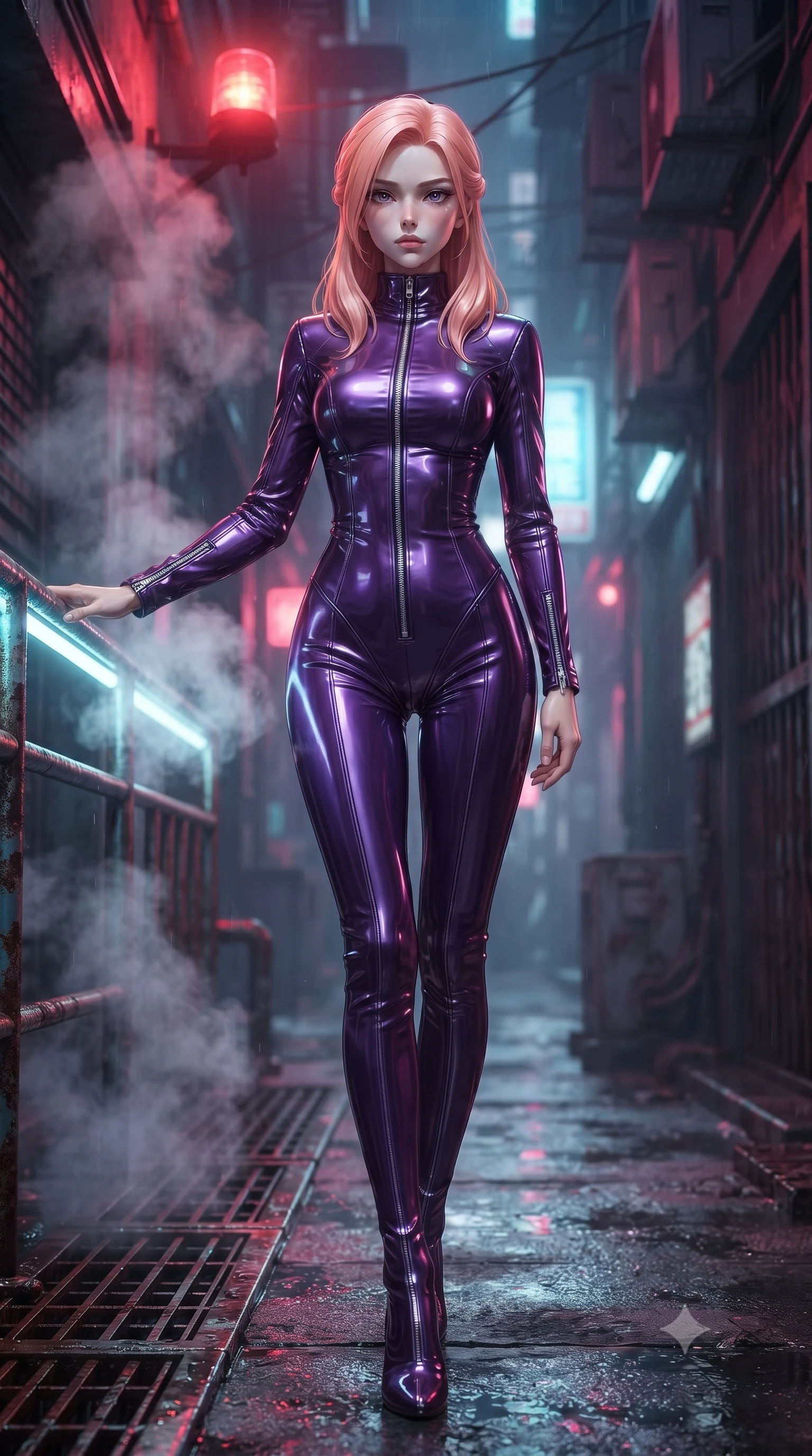 score_9, masterpiece, best quality, ultra-detailed, high-budget anime keyframe, editorial fashion photography, tasteful artistic composition, Japanese woman. low angle full-body shot from head to toe showing her feet, filling the entire 9:16 vertical frame with her statuesque presence, stretching her vertical silhouette. standing in a tall, confident posture with one hand on a glowing metal railing, stretching her statuesque body, the background shows a soft-focus a wet cyberpunk alleyway filled with steam rising from rusted iron grates. She has an absolutely perfect, statuesque 8.5-heads proportion, an exceptionally tall and slender model-like female figure with impossibly long slender legs and an ultra-slim waist. sharp v-shaped jawline, high-bridge nose, intricate jewel-like eyes with depth, thick eyelashes, glossy lips with a natural sheen. wearing a form-contouring form-contouring pilot flight suit in deep purple liquid vinyl, featuring a snug mock-neck and chrome zippers. underground steam vents catching a pulsing crimson warning beacon light from above. ultra-reflective glossy finish, specular highlights, metallic sheen, high-contrast stereoscopic depth, volumetric dynamic lighting, 2k, ultra detail, master piece, 9:16 ratio
