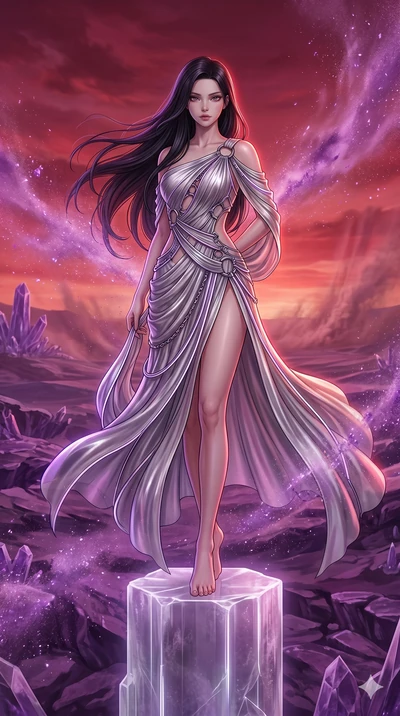 score_9, masterpiece, best quality, ultra-detailed, high-budget anime keyframe, Japanese woman. upper body close-up from the thighs up, character filling the screen for maximum presence. standing atop a transparent salt crystal tower in a purple crys