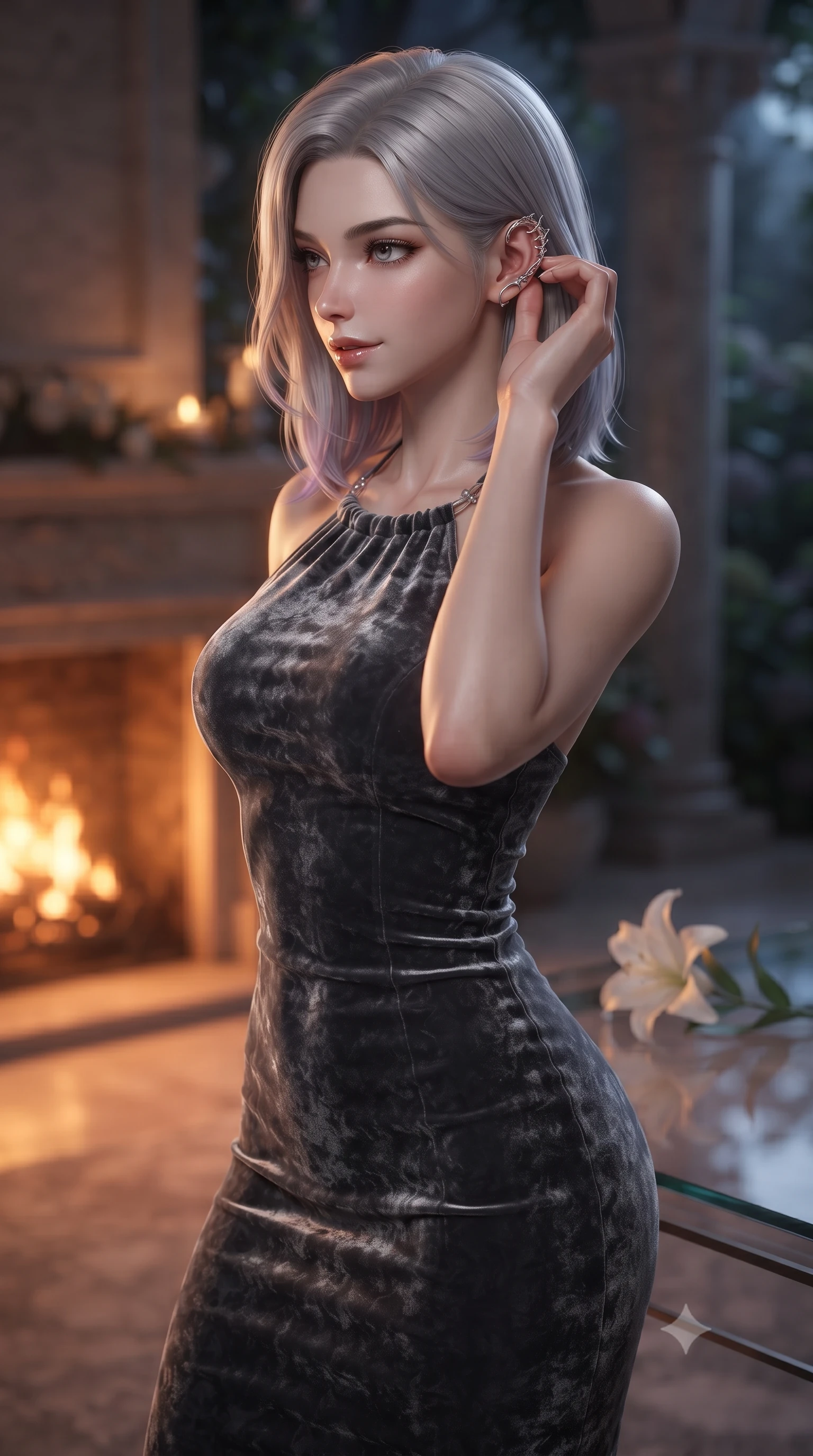 score_9, masterpiece, best quality, ultra-detailed, high-budget anime keyframe, editorial fashion photography, tasteful artistic composition, Caucasian woman. close-up cowboy shot from the waist and thighs up, the character dominates the composition, filling the frame with her large presence, background elements kept in soft focus. adjusting her delicate ear cuff with a captivating half-smile, her profile highlighted by a dramatic rim light set against a soft-focus background of inside an exclusive moonlit garden terrace with a single long-stemmed white lily resting against a polished glass surface. She has an exceptionally elegant, slender, and willowy female figure with an ultra-slim waist, a gracefully sculpted slender torso, and a refined silhouette. sharp v-shaped jawline, high-bridge nose, intricate jewel-like eyes with depth, thick eyelashes, glossy lips with a natural sheen. wearing body-hugging charcoal crushed velvet form-contouring cashmere halter dress tracing her statuesque physique accented with delicate silver hardware. bathed in cozy, flickering fireplace light that paints the room in a warm orange wash. ultra-reflective glossy finish, specular highlights, metallic sheen, high-contrast stereoscopic depth, volumetric dynamic lighting, 2k, ultra detail, master piece, 9:16 ratio