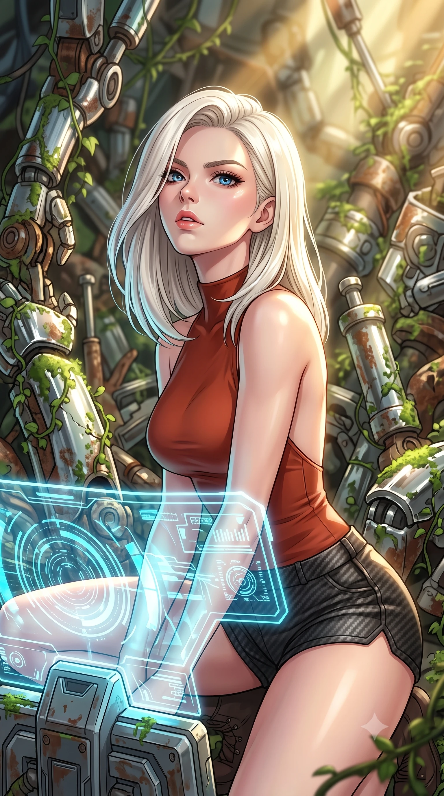 score_9, masterpiece, best quality, ultra-detailed, high-budget anime keyframe, editorial fashion photography, tasteful artistic composition, Caucasian woman. close-up cowboy shot from the waist and thighs up, the character dominates the composition, filling the frame with her large presence, background elements kept in soft focus. crouching slightly behind a glowing holographic shield emitter, looking up with defiance and lips slightly parted, the background shows a soft-focus a mechanical arm graveyard where green vines climb up rusted chrome plating. She has an exceptionally elegant, slender, and willowy female figure with an ultra-slim waist, a gracefully sculpted slender torso, and a refined silhouette. sharp v-shaped jawline, high-bridge nose, intricate jewel-like eyes with depth, thick eyelashes, glossy lips with a natural sheen. wearing a body-hugging backless combat top in terracotta red, paired with carbon-fiber micro-shorts. soft green moss glow refracting on chrome plating under golden afternoon sunbeams. highly saturated vibrant anime colors, detailed shading with soft gradients, rich glossy textures, high-contrast stereoscopic depth, volumetric dynamic lighting, master piece, 9:16 ratio