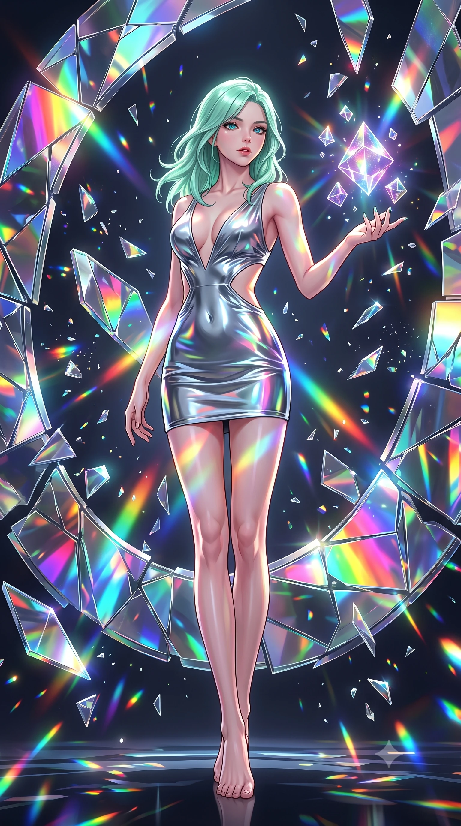 score_9, masterpiece, best quality, ultra-detailed, high-budget anime keyframe, editorial fashion photography, tasteful artistic composition, Japanese woman. low angle full-body shot from head to toe showing her feet, filling the entire 9:16 vertical frame with her statuesque presence, stretching her vertical silhouette. interacting gracefully with the magical floating elements while maintaining a confident posture surrounded by rotating shattered mirror sculptures reflecting bright acrylic colors, shattered mirror shards scattering brilliant rainbow reflections everywhere. She has an absolutely perfect, statuesque 8.5-heads proportion, an exceptionally tall and slender model-like female figure with impossibly long slender legs and an ultra-slim waist. sharp v-shaped jawline, high-bridge nose, intricate jewel-like eyes with depth, thick eyelashes, glossy lips with a natural sheen. wearing a liquid mercury gloss mini dress with ultra-deep plunging V-neck and dramatic waist cutouts, the glove-like fit emphasizing her statuesque silhouette. illuminated by brilliant multi-color rainbow light refracting through glass. highly saturated vibrant anime colors, detailed shading with soft gradients, rich glossy textures, high-contrast stereoscopic depth, volumetric dynamic lighting, master piece, 9:16 ratio