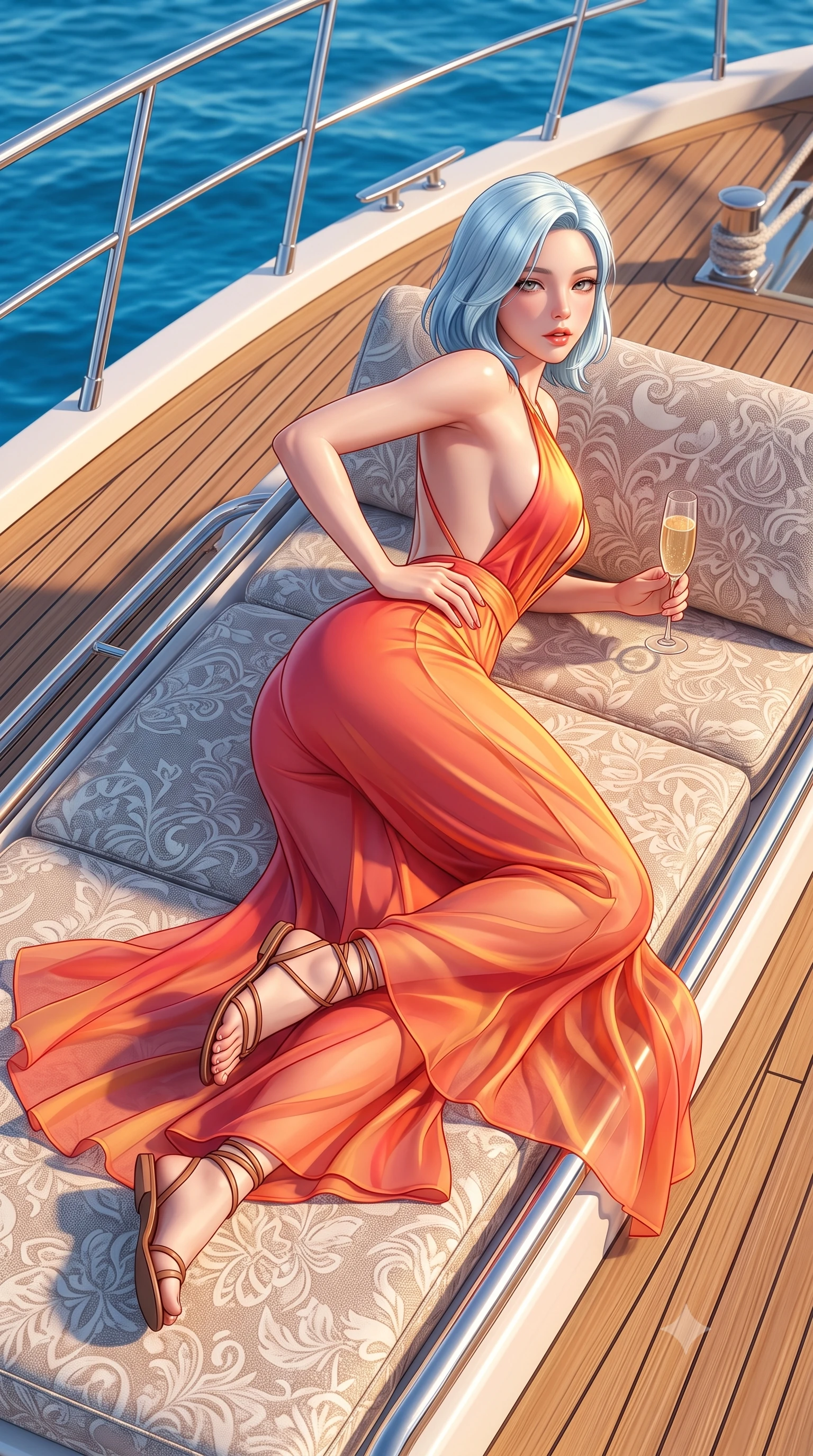 score_9, masterpiece, best quality, ultra-detailed, high-budget anime keyframe, semi-realistic 3D game render, editorial fashion photography, tasteful artistic composition, Korean woman. close-up cowboy shot from the waist and thighs up, the character dominates the composition, filling the frame with her large presence. posing in an alluring rear three-quarter angle, arching her lower back in a pronounced S-curve with one hand on her hip, glancing seductively over her bare shoulder with parted glossy lips while lying face down on a plush sunbed with head turned toward the camera, legs playfully bent at the knees to highlight her rounded hip silhouette. The surrounding environment is rendered in vivid detail and crisp panoramic clarity. sharp teak wood deck caulking, polished chrome railing reflections, and marine canvas stitching in deep focus. She has an exceptionally elegant, slender, and willowy female figure with an ultra-slim waist, a gracefully sculpted slender torso, toned flat midriff, and rounded feminine hips creating an alluring hourglass silhouette. sharp v-shaped jawline, high-bridge nose, intricate jewel-like eyes with depth, thick eyelashes, glossy parted lips with a natural sheen, intensely captivating and seductive bedroom-eyes expression, flawlessly proportioned anatomical accuracy, strict slender model proportions, natural body alignment, perfectly sculpted long slender limbs, ultra-slim waistline, clean dynamic posture without body distortion. wearing a plunging-V neckline resort jumpsuit with an open back and wide palazzo legs in vibrant sunset coral and molten gold, woven from sheer cascading chiffon that flutters with every ocean breeze, accessorized with minimalist leather wrap sandals and a champagne flute in hand, the second-skin form-contouring cut accentuating her sculpted flat midriff, narrow waistline, and dramatically curvy hips without adding bulk. surrounded by an opulent, sun-drenched, and breathtakingly seductive jet-set heiress aura. highly saturated vibrant anime colors, detailed shading with soft gradients, rich glossy textures, high-contrast stereoscopic depth, volumetric dynamic lighting, master piece, 9:16 ratio