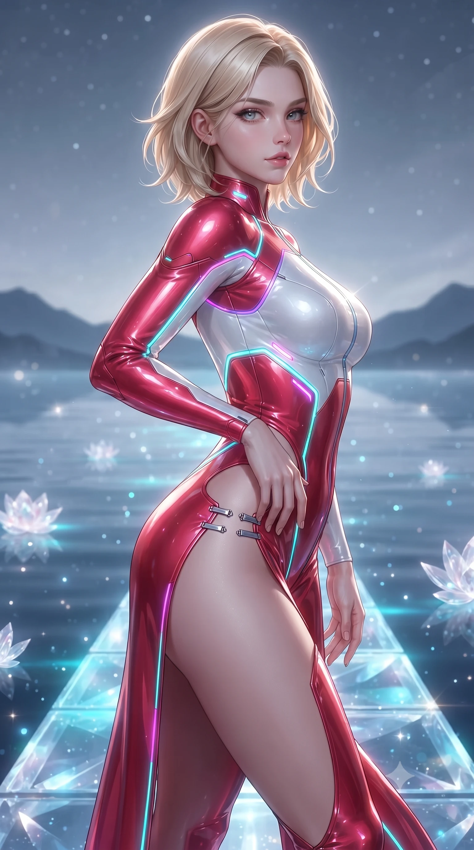 score_9, masterpiece, best quality, ultra-detailed, high-budget anime keyframe, editorial fashion photography, tasteful artistic composition, Caucasian woman. close-up cowboy shot from the waist and thighs up, the character dominates the composition, filling the frame with her large presence. twisting her upper body in a dynamic S-curve with an alluring smolder, one hand trailing along her slender waist while pivoting dynamically on a submerged crystal walkway with starlight reflecting off the calm water surface. The composition keeps background elements in soft focus with creamy bokeh. floating crystal lotus petals and distant mountain silhouettes softened in smooth atmospheric depth. She has an exceptionally elegant, slender, and willowy female figure with an ultra-slim waist, a gracefully sculpted slender torso, toned flat midriff, and a refined slim silhouette. sharp v-shaped jawline, high-bridge nose, intricate jewel-like eyes with depth, thick eyelashes, glossy lips with a natural sheen, flawlessly proportioned anatomical accuracy, strict slender model proportions, natural body alignment, perfectly sculpted long slender limbs, ultra-slim waistline, clean dynamic posture without body distortion. wearing a skin-tight cybernetic bodysuit with glowing neon seams, deep hip cutouts, and an aerodynamic athletic fit in radiant crimson silk and crisp snow white, formed from high-gloss patent material with specular light reflections, finished with an ultra-high side slit secured by miniature magnetic clasps, the sleek second-skin cut tightly hugging her graceful clavicle, narrow waist, and feminine curves with athletic precision. bathed in brilliant silver moonlight backlighting and glowing cyan water refractions. ultra-reflective glossy finish, specular highlights, metallic sheen, high-contrast stereoscopic depth, volumetric dynamic lighting, 2k, ultra detail, master piece, 9:16 ratio