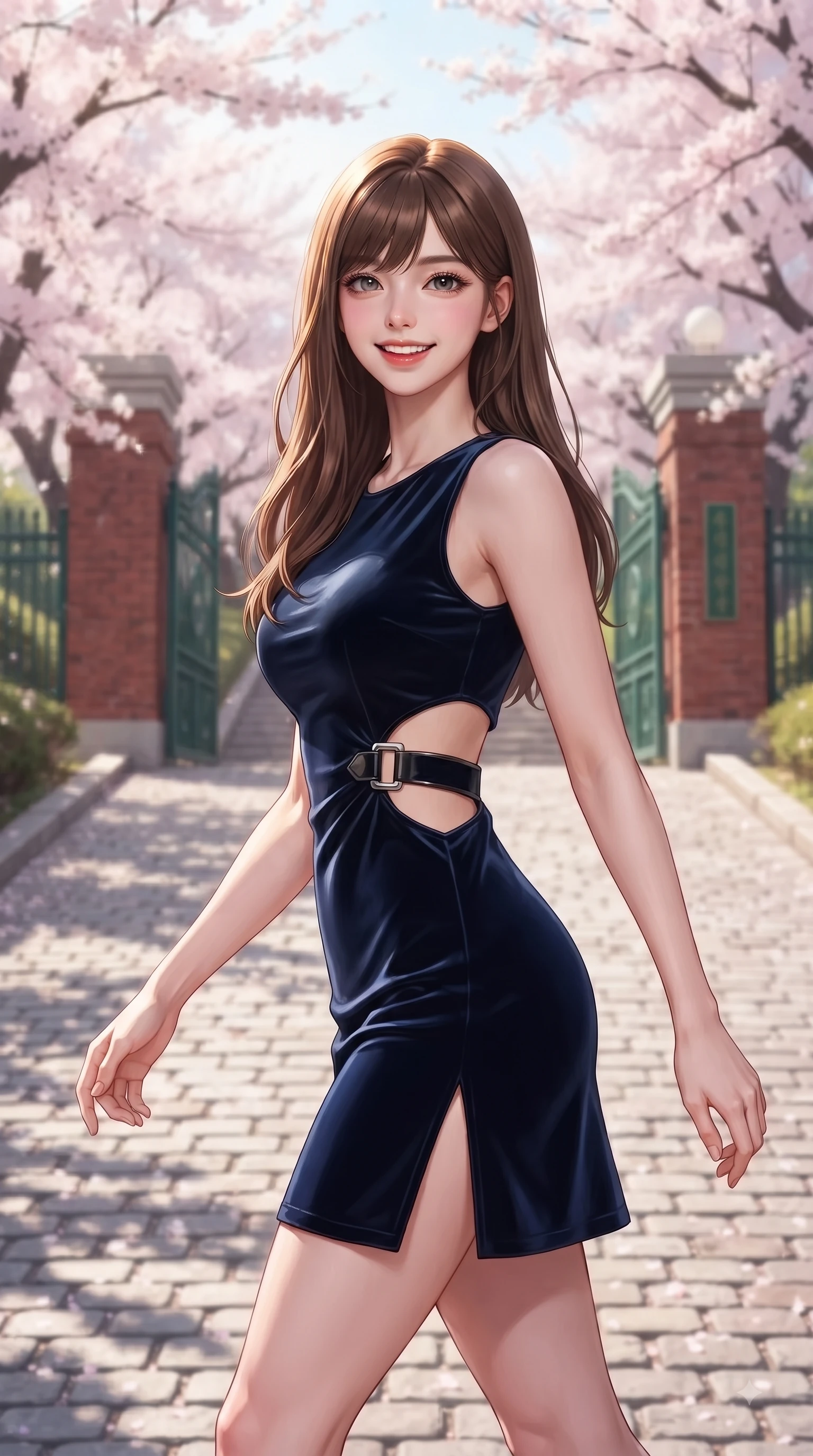 score_9, masterpiece, best quality, ultra-detailed, high-budget anime keyframe, editorial fashion photography, tasteful artistic composition, Korean woman. close-up cowboy shot from the waist and thighs up, the character dominates the composition, filling the frame with her large presence, background elements kept in soft focus. Gazing directly into the camera with a fresh, infectious smile as her torso curves dynamically in mid-stride while walking up a sunlit hill path lined with blooming cherry trees toward a traditional academy gate, classic red-brick school walls and green iron gates framing a sweet academy scene. She has an exceptionally elegant, slender, and willowy female figure with an ultra-slim waist, a gracefully sculpted slender torso, and a refined silhouette. sharp v-shaped jawline, high-bridge nose, intricate jewel-like eyes with depth, thick eyelashes, glossy lips with a natural sheen, flawlessly proportioned anatomical accuracy, natural body alignment, perfectly sculpted elegant limbs, clean dynamic posture without body distortion. wearing a dramatic open-waist cutout mini dress framed by sculptural hardware in matte black and polished silver, made of premium stretch velvet with a rich sheen, finished with a sleek side slit ascending to mid-thigh, the elegant draped fit framing her graceful clavicle and slender torso. surrounded by a fresh, sweet, and nostalgic spring school atmosphere. ultra-reflective glossy finish, specular highlights, metallic sheen, high-contrast stereoscopic depth, volumetric dynamic lighting, 2k, ultra detail, master piece, 9:16 ratio