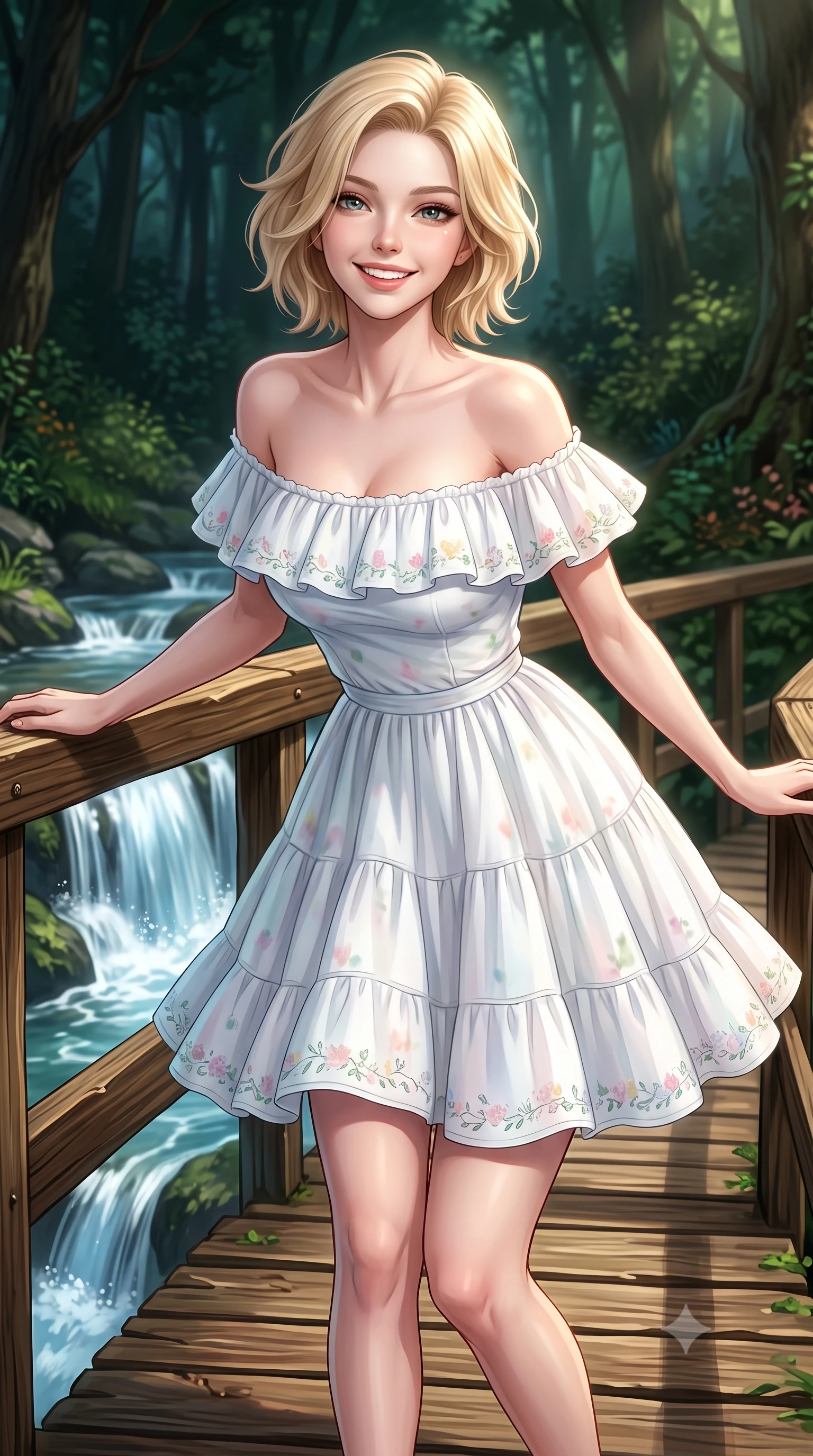 score_9, masterpiece, best quality, ultra-detailed, high-budget anime keyframe, semi-realistic 3D game render, editorial fashion photography, tasteful artistic composition, Caucasian woman. close-up cowboy shot from the waist and thighs up, the character dominates the composition, filling the frame with her large presence. radiating a joyful bright smile with sparkling jewel-like eyes and pure charming energy, leaning forward with playful grace while standing poised on a rustic cedar footbridge spanning a crystal-clear cascading waterfall with a delighted smile. The surrounding environment is rendered in vivid detail and crisp panoramic clarity. deep woodland chiaroscuro and magical natural water sanctuary aesthetics rendered with precision. She has an exceptionally elegant, slender, and willowy female figure with an ultra-slim waist, a gracefully sculpted slender torso, toned flat midriff, and a refined slim silhouette. sharp v-shaped jawline, high-bridge nose, intricate jewel-like eyes with depth, thick eyelashes, glossy lips with a natural sheen, pure and lovely fresh girlhood expression, flawlessly proportioned anatomical accuracy, strict slender model proportions, natural body alignment, perfectly sculpted long slender limbs, ultra-slim waistline, clean dynamic posture without body distortion. wearing a graceful off-shoulder cotton sundress with a ruffled neckline and tiered A-line skirt in fresh alpine white with subtle pastel floral accents, made of fine lightweight chiffon with a soft fluid drape, complemented by subtle floral embroidery along the neckline and hem, the breezy lightweight fabric fluttering softly against her delicate collarbones, narrow waist, and feminine curves. surrounded by an enchanting, whimsical, and pure fairy-tale glen maiden aura. highly saturated vibrant anime colors, detailed shading with soft gradients, rich glossy textures, high-contrast stereoscopic depth, volumetric dynamic lighting, master piece, 9:16 ratio