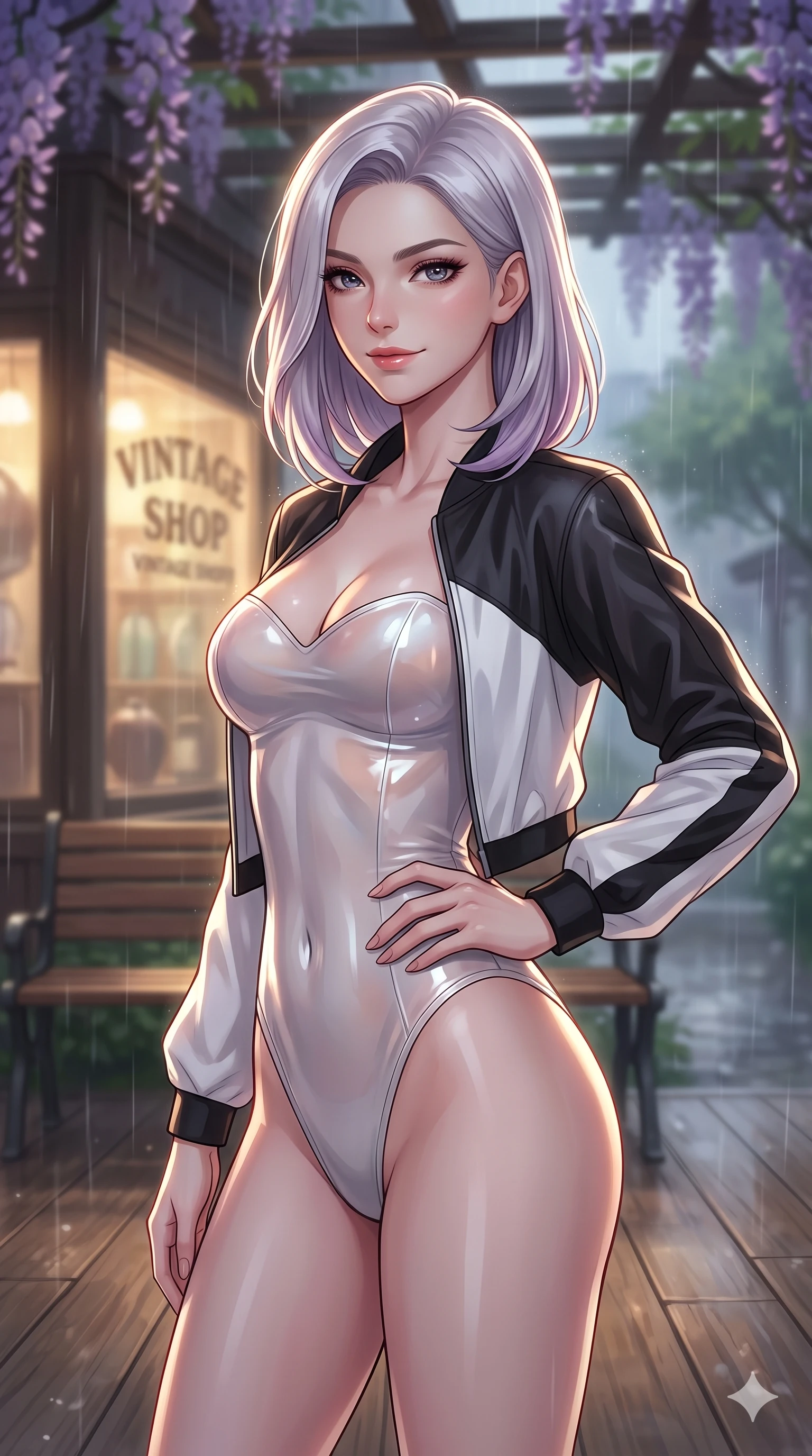score_9, masterpiece, best quality, ultra-detailed, high-budget anime keyframe, vibrant anime aesthetic, Caucasian woman, strictly human ears. close-up cowboy shot from the waist and thighs up, the character dominates the composition, filling the frame with her large presence, background elements kept in soft focus. She is posing with a confident, magnetic smile, one hand on her waist, looking over her shoulder at the camera with a relaxed and elegant posture. the background shows a soft-focus wooden bench under a wisteria trellis in a quiet courtyard garden during a gentle afternoon rain (Code-P22-125). She has an absolutely perfect proportion, an exceptionally elegant and slender female figure with an ultra-slim waist. V-shaped jawline, high-bridge nose, intricate jewel-like eyes with depth, thick eyelashes, glossy lips with a natural sheen. wearing a translucent high-shine bodysuit with a sweetheart neckline under a lightweight jacket in black and white couture. She is illuminated by dramatic rim lights from a vintage shop window, adding depth to her jewel-like eyes on the outdoor wooden terrace. 2k, ultra detail, master piece, 9:16 ratio
