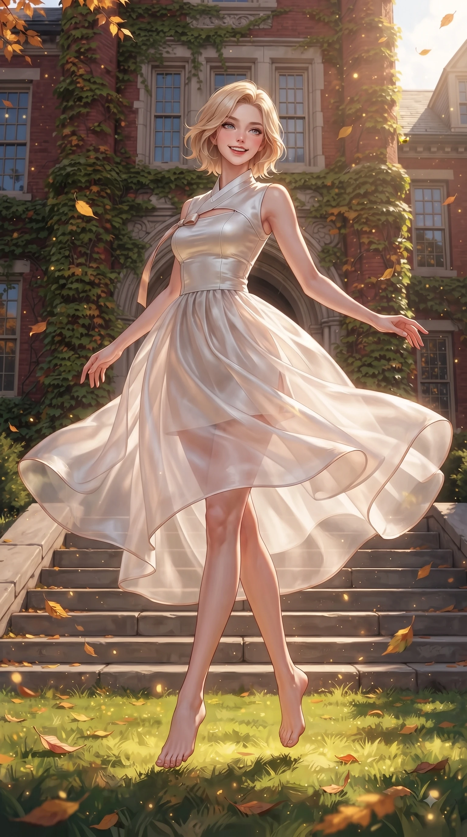 score_9, masterpiece, best quality, ultra-detailed, high-budget anime keyframe, editorial fashion photography, tasteful artistic composition, Caucasian woman. low angle full-body shot from head to toe showing her feet, filling the entire 9:16 vertical frame with her statuesque presence, stretching her vertical silhouette. performing a cheerful mid-air rotation with flawless poise, her radiant smile capturing fresh college girlhood energy while pivoting dynamically on the steps of a red-brick ivy-covered university hall with a bright smile, lush green quad lawn scattered with golden sunlight motes and fluttering leaves. She has an absolutely perfect, statuesque 8.5-heads proportion, an exceptionally tall and slender model-like female figure with impossibly long slender legs and an ultra-slim waist. sharp v-shaped jawline, high-bridge nose, intricate jewel-like eyes with depth, thick eyelashes, glossy lips with a natural sheen, flawlessly proportioned anatomical accuracy, natural body alignment, perfectly sculpted elegant limbs, clean dynamic posture without body distortion. wearing a modern fusion silk hanbok dress with a structured bodice and flowing skirt in pearl white and rose gold, woven from fine semi-opaque sheer organza, accented with a Tasteful chest slit framing her clavicle gracefully, the sleek second-skin texture accentuating her magnetic presence. surrounded by an uplifting, youthful university campus ambiance. ultra-reflective glossy finish, specular highlights, metallic sheen, high-contrast stereoscopic depth, volumetric dynamic lighting, 2k, ultra detail, master piece, 9:16 ratio