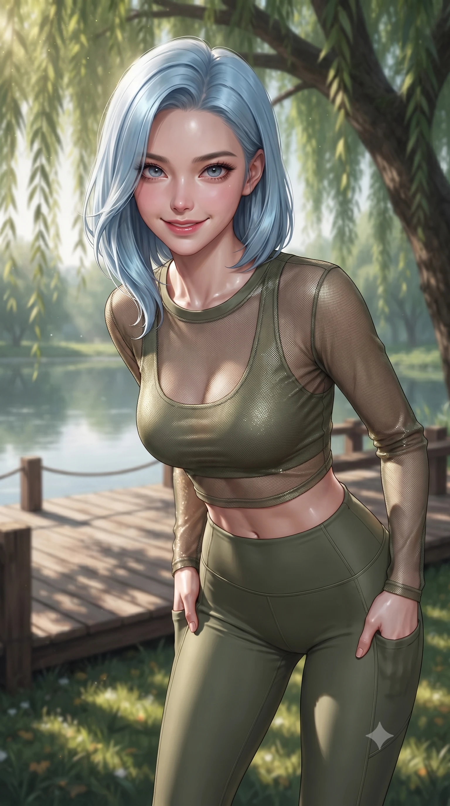 score_9, masterpiece, best quality, ultra-detailed, high-budget anime keyframe, editorial fashion photography, tasteful artistic composition, Korean woman woman. close-up cowboy shot from the waist and thighs up, the character dominates the composition, filling the frame with her large presence, background elements kept in soft focus. leaning slightly forward with a playful, teasing smile, her gaze locked onto the viewer the background shows a soft-focus a wooden deck under a large willow tree next to a calm lake. She has an exceptionally elegant, slender, and willowy female figure with an ultra-slim waist, a gracefully sculpted slender torso, and a refined silhouette. sharp v-shaped jawline, high-bridge nose, intricate jewel-like eyes with depth, thick eyelashes, glossy lips with a natural sheen. wearing a slim-fit sheer mesh long-sleeve crop top in olive green, worn over a matching sports bra and leggings. dappled sunbeams filtering through the willow leaves onto the grass. ultra-reflective glossy finish, specular highlights, metallic sheen, high-contrast stereoscopic depth, volumetric dynamic lighting, 2k, ultra detail, master piece, 9:16 ratio