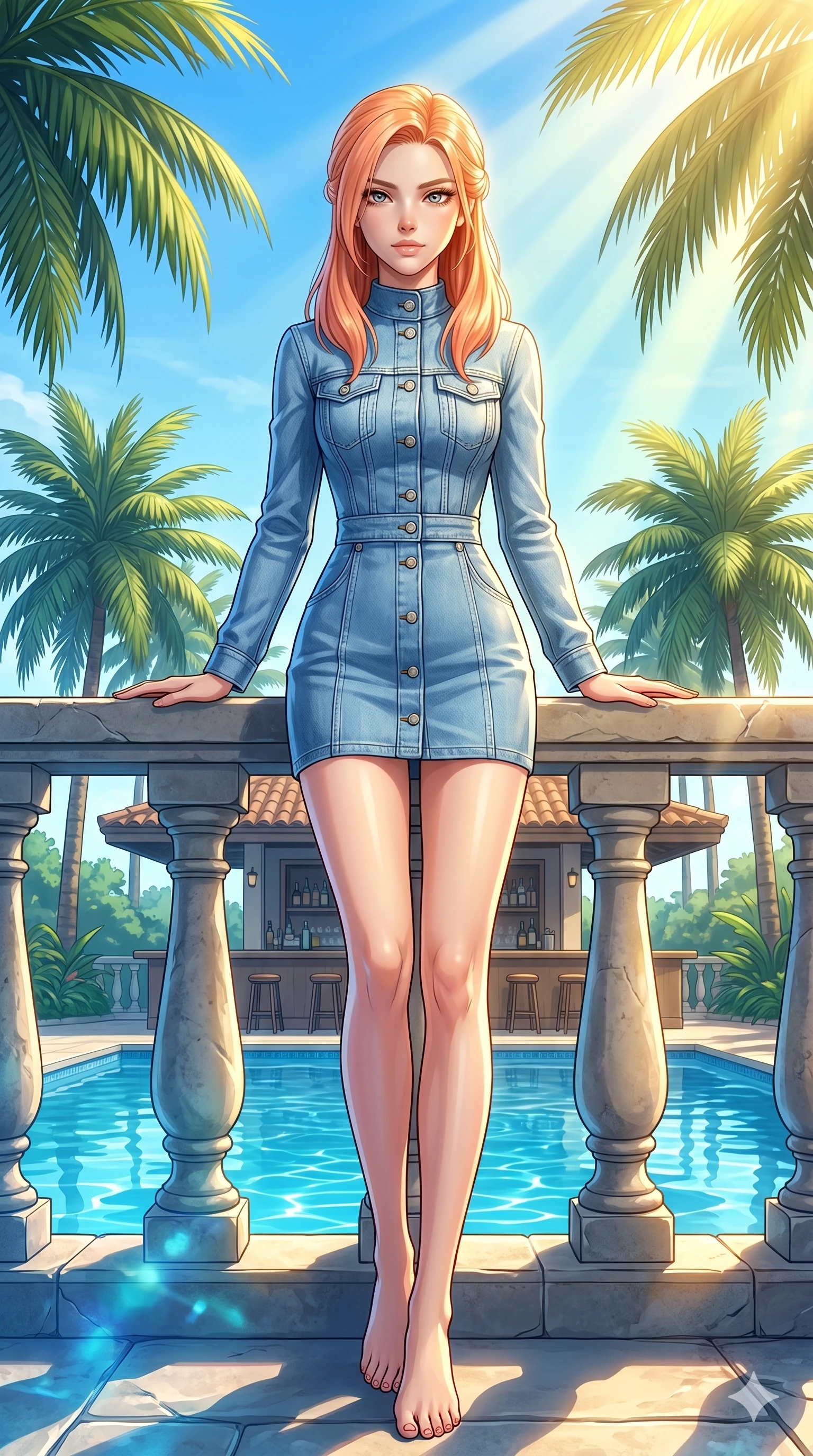 score_9, masterpiece, best quality, ultra-detailed, high-budget anime keyframe, editorial fashion photography, tasteful artistic composition, Japanese woman. low angle full-body shot from head to toe showing her feet, filling the entire 9:16 vertical frame with her statuesque presence, stretching her vertical silhouette. resting her hands on the stone railing of the terrace, looking past the camera with serene self-assurance at a resort pool bar surrounded by palm trees under a bright blue sky (Code-P19-026). She has an absolutely perfect 8-heads proportion, an exceptionally tall and slender female figure with impossibly long slender legs and an ultra-slim waist. V-shaped jawline, high-bridge nose, intricate jewel-like eyes with depth, thick eyelashes, glossy lips with a natural sheen. wearing a structured high-neck denim dress with long sleeves and front button details in light blue wash. bathed in a dramatic contrast of warm yellow sunbeams from above and cool blue water reflections from below. 2k, ultra detail, master piece, 9:16 ratio