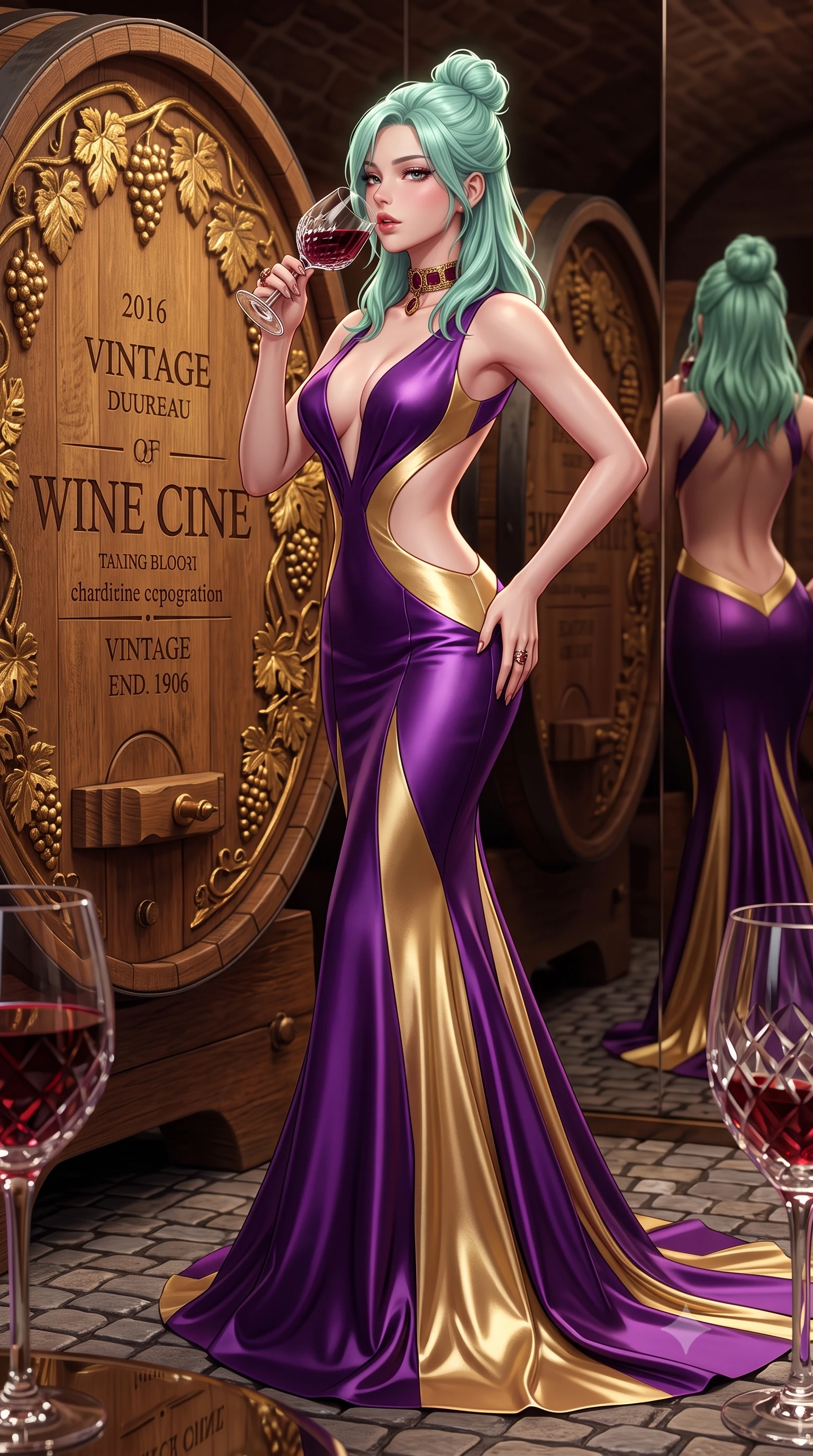 score_9, masterpiece, best quality, ultra-detailed, high-budget anime keyframe, semi-realistic 3D game render, editorial fashion photography, tasteful artistic composition, Japanese woman. low angle full-body shot from head to toe showing her feet, filling the entire 9:16 vertical frame with her statuesque presence, stretching her vertical silhouette. striding forward in a proud supermodel runway stride, hips swaying in an alluring kinetic rhythm that accentuates her curvy hourglass silhouette while resting one hip against a massive carved oak wine barrel with lower back arched, raising a crystal goblet of deep red wine to her parted glossy lips while looking over her shoulder. The surrounding environment is rendered in vivid detail and crisp panoramic clarity. detailed vintage wine label typography, crystal glass facets, and cobblestone floor reflections in high clarity. She has an absolutely perfect, statuesque 8.5-heads proportion, an exceptionally tall and slender model-like female figure with impossibly long slender legs, a toned flat midriff, an ultra-slim waist, and beautifully sculpted feminine hips. sharp v-shaped jawline, high-bridge nose, intricate jewel-like eyes with depth, thick eyelashes, glossy parted lips with a natural sheen, intensely captivating and seductive bedroom-eyes expression, flawlessly proportioned anatomical accuracy, strict slender model proportions, natural body alignment, perfectly sculpted long slender limbs, ultra-slim waistline, clean dynamic posture without body distortion. wearing a sculptured liquid-satin mermaid gown with an architectural open-waist cutout and bare spine in royal plum violet and shimmering gold leaf, tailored from ultra-smooth duchess satin with a pearlescent wine sheen, complemented by a bold antique garnet choker and sparkling cocktail ring, the precision-cut side openings and low-back scoop framing her graceful spine and the sensual sweep of her hips. surrounded by an opulent, intimate, and dangerously intoxicating vintage wine empress aura. highly saturated vibrant anime colors, detailed shading with soft gradients, rich glossy textures, high-contrast stereoscopic depth, volumetric dynamic lighting, master piece, 9:16 ratio