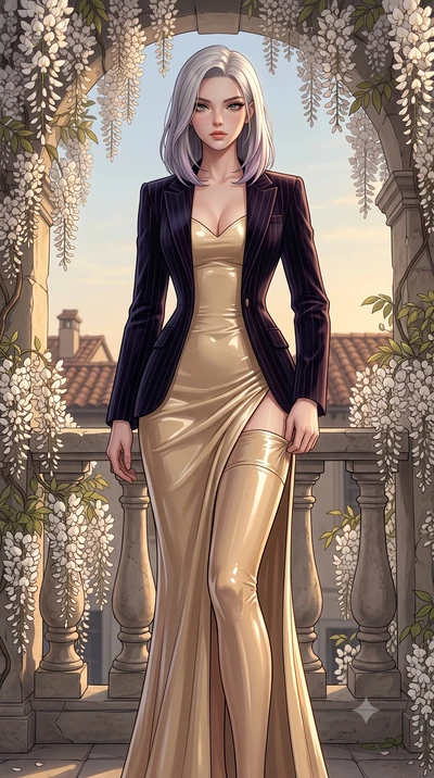 score_9, masterpiece, best quality, ultra-detailed, High-budget Anime Keyframe, Caucasian woman, strictly human ears. Low angle cowboy shot filling the entire 9:16 frame with her statuesque presence. Scenario 405: adjusting her thigh-high stocking ne