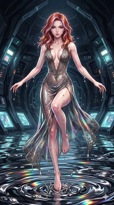 score_9, masterpiece, best quality, ultra-detailed, High-budget Anime Keyframe, East Asian woman. Dynamic full-body shot stretching the vertical silhouette to the limit. Scenario 224: Rising from a pool of mercury-like liquid, droplets rolling off he