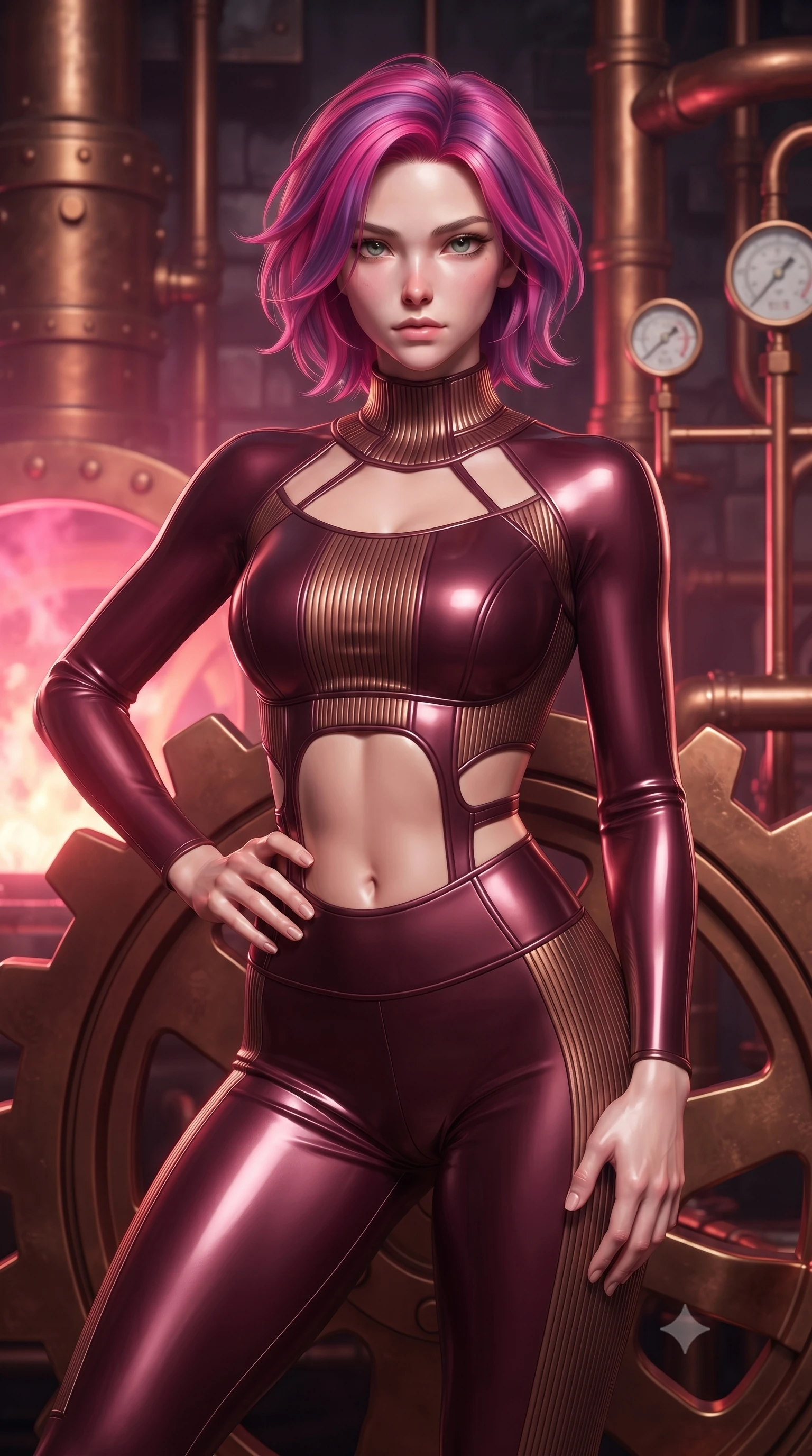 score_9, masterpiece, best quality, ultra-detailed, high-budget anime keyframe, editorial fashion photography, tasteful artistic composition, Caucasian woman. close-up cowboy shot from the waist and thighs up, the character dominates the composition, filling the frame with her large presence, background elements kept in soft focus. Holding a confident power pose with one hand on her hip, gazing directly into the camera with quiet intensity resting against a giant bronze gear as warm furnace embers glow nearby, intricate copper pipes, rivets, and pressure gauges gleaming in furnace heat. She has an exceptionally elegant, slender, and willowy female figure with an ultra-slim waist, a gracefully sculpted slender torso, and a refined silhouette. sharp v-shaped jawline, high-bridge nose, intricate jewel-like eyes with depth, thick eyelashes, glossy lips with a natural sheen. wearing a form-fitting ribbed activewear set with collar cutouts in deep burgundy and bronze, formed from sleek second-skin neoprene, featuring subtle geometric cutouts that highlight her ultra-slim midriff, the tailored fabric tightly following every curve of her athletic build. bathed in hot pink and orange furnace glow with sharp bronze specular highlights. ultra-reflective glossy finish, specular highlights, metallic sheen, high-contrast stereoscopic depth, volumetric dynamic lighting, 2k, ultra detail, master piece, 9:16 ratio