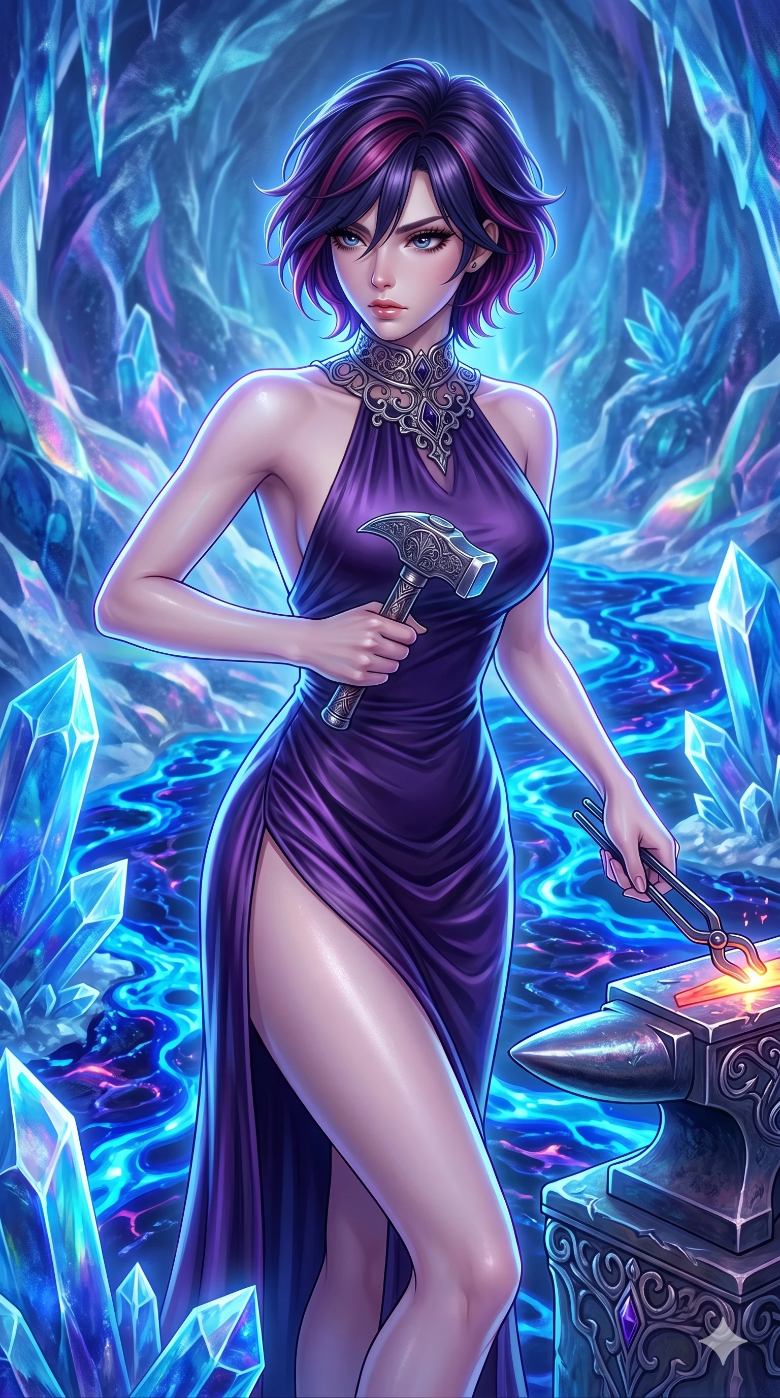 score_9, masterpiece, best quality, ultra-detailed, high-budget anime keyframe, Japanese woman. upper body close-up from the thighs up, character filling the screen for maximum presence. forging in a prismatic ice-volcano temple where glowing cobalt-blue liquid magma flows between frozen blue ash crystals. She has an absolutely perfect 8-heads proportion, an exceptionally tall and slender female figure with impossibly long slender legs and an ultra-slim waist. V-shaped jawline, high-bridge nose, intricate jewel-like eyes with depth, thick eyelashes, glossy lips with a natural sheen.. wearing a gothic liquid silk gown, featuring a deep purple liquid silk maxi gown draped around her, secured by a metallic choker collar, with a high side slit. bathed in brilliant cinematic volumetric lighting and intense neon rim light highlighting her slender form. 2k, ultra detail, master piece, 9:16 ratio