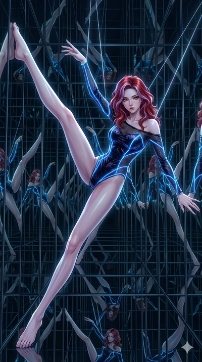 score_9, masterpiece, best quality, ultra-detailed, High-budget Anime Keyframe, East Asian woman. Dynamic full-body shot stretching the vertical silhouette to the limit. Scenario 156: Suspended by invisible silk threads in a hall of mirrors. Her pres