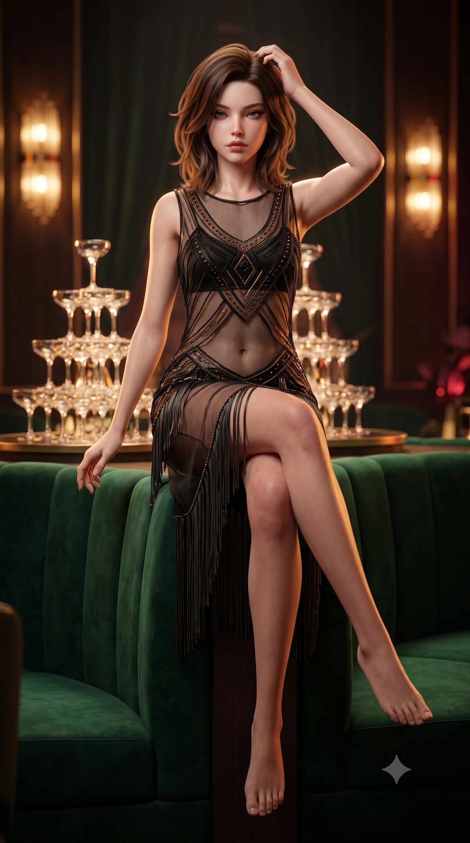score_9, masterpiece, best quality, ultra-detailed, high-budget anime keyframe, semi-realistic 3D game render, editorial fashion photography, tasteful artistic composition, Korean woman. low angle full-body shot from head to toe showing her feet, filling the entire 9:16 vertical frame with her statuesque presence, stretching her vertical silhouette. sitting perched on the elevated ledge with hips angled toward the camera and legs crossed, displaying her toned midriff and flawlessly sculpted slender limbs while lounging languidly in a circular VIP booth of emerald velvet, running fingers through her glossy hair as jazz music drifts. The composition keeps background elements in soft focus with creamy bokeh. towering crystal champagne pyramids and glowing art-deco wall sconces blurred into warm champagne, whiskey-gold, and ruby bokeh. She has an absolutely perfect, statuesque 8.5-heads proportion, an exceptionally tall and slender model-like female figure with impossibly long slender legs, a toned flat midriff, an ultra-slim waist, and beautifully sculpted feminine hips. sharp v-shaped jawline, high-bridge nose, intricate jewel-like eyes with depth, thick eyelashes, glossy parted lips with a natural sheen, intensely captivating and seductive bedroom-eyes expression, flawlessly proportioned anatomical accuracy, strict slender model proportions, natural body alignment, perfectly sculpted long slender limbs, ultra-slim waistline, clean dynamic posture without body distortion. wearing a sheer vintage mesh flapper dress adorned with intricate geometric beadwork over a silk slip in high-contrast black and molten brass, made of sheer contouring mesh with velvet flocking patterns, finished with tiered silk fringe tassels that sway with every feminine hip movement, the liquid-tight tailored fabric clinging flawlessly to her narrow waist and rounded feminine hips, emphasizing every millimeter of her sculpted hourglass curves during movement. illuminated by rich directional firelight sculpting every feminine curve of her slender silhouette. highly saturated vibrant anime colors, detailed shading with soft gradients, rich glossy textures, high-contrast stereoscopic depth, volumetric dynamic lighting, master piece, 9:16 ratio
