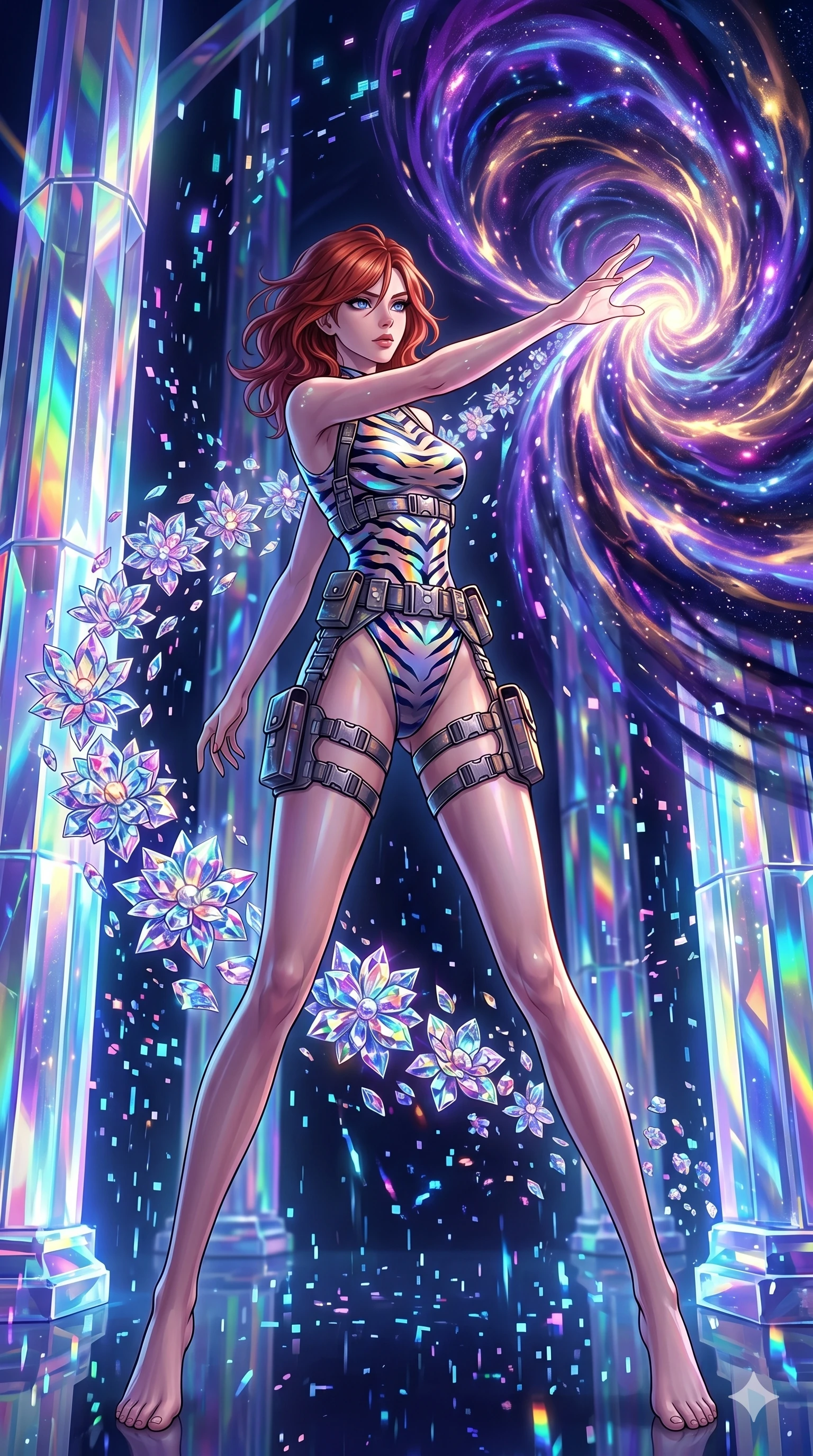 score_9, masterpiece, best quality, ultra-detailed, Set A: High-budget Anime Keyframe, Caucasian (human ears) woman. Low angle cowboy shot filling the entire 9:16 frame with her statuesque presence. Theme: Abstract Cosmic. unleashing a massive energy wave in a temple made of solid light, while she leaves a trail of 246 blooming crystal flowers. The atmosphere is filled with a blizzard of digital pixels. She has an absolutely perfect 8-heads proportion, an exceptionally tall and slender female figure with impossibly long slender legs and an ultra-slim waist. Sharp v-shaped jawline, high-bridge nose, intricate jewel-like eyes with depth, glossy lips. Wearing Holographic tiger-stripe bodysuit with a high-cut leg line and tactical belts. Cinematic lighting, vivid colors, dramatic shadows, 2k, ultra detail, master piece, 9:16 ratio
