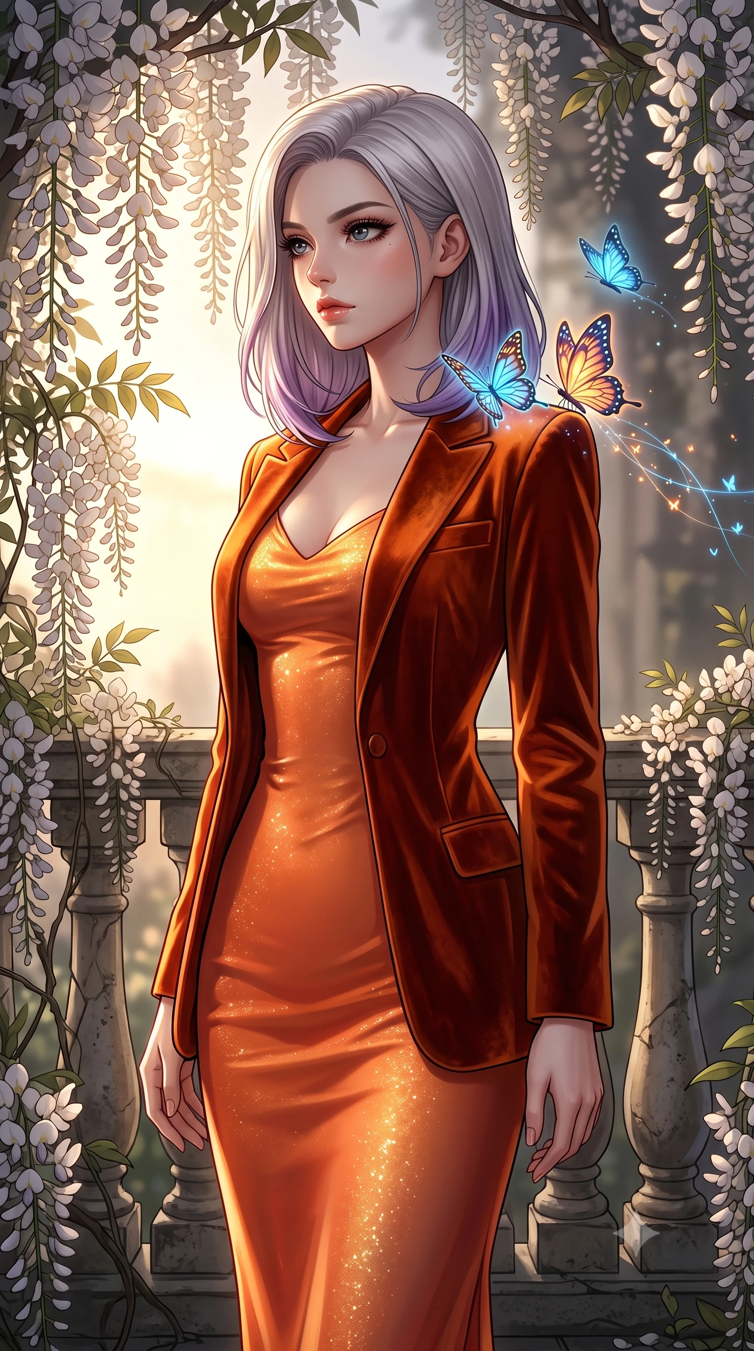 score_9, masterpiece, best quality, ultra-detailed, High-budget Anime Keyframe, Caucasian woman, strictly human ears. Low angle cowboy shot filling the entire 9:16 frame with her statuesque presence. Scenario 547: watching digital butterflies land on her shoulders in a quiet balcony surrounded by trailing white wisteria flowers. Her presence is magnetic and overpowering in this high-budget anime scene. Outfit 547: a form-contouring sunset orange shimmering chiffon slip dress layered under a structured velvet blazer. The clothing is designed to emphasize her exceptionally tall and slender 8-heads proportion. 8-heads proportion, towering silhouette, ultra-slim waist. sharp v-shaped jawline, intricate jewel-like eyes with depth, thick eyelashes, glossy lips. 2k, ultra detail, master piece, 9:16 ratio