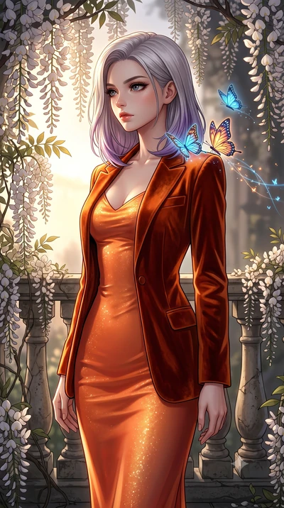 score_9, masterpiece, best quality, ultra-detailed, High-budget Anime Keyframe, Caucasian woman, strictly human ears. Low angle cowboy shot filling the entire 9:16 frame with her statuesque presence. Scenario 547: watching digital butterflies land on