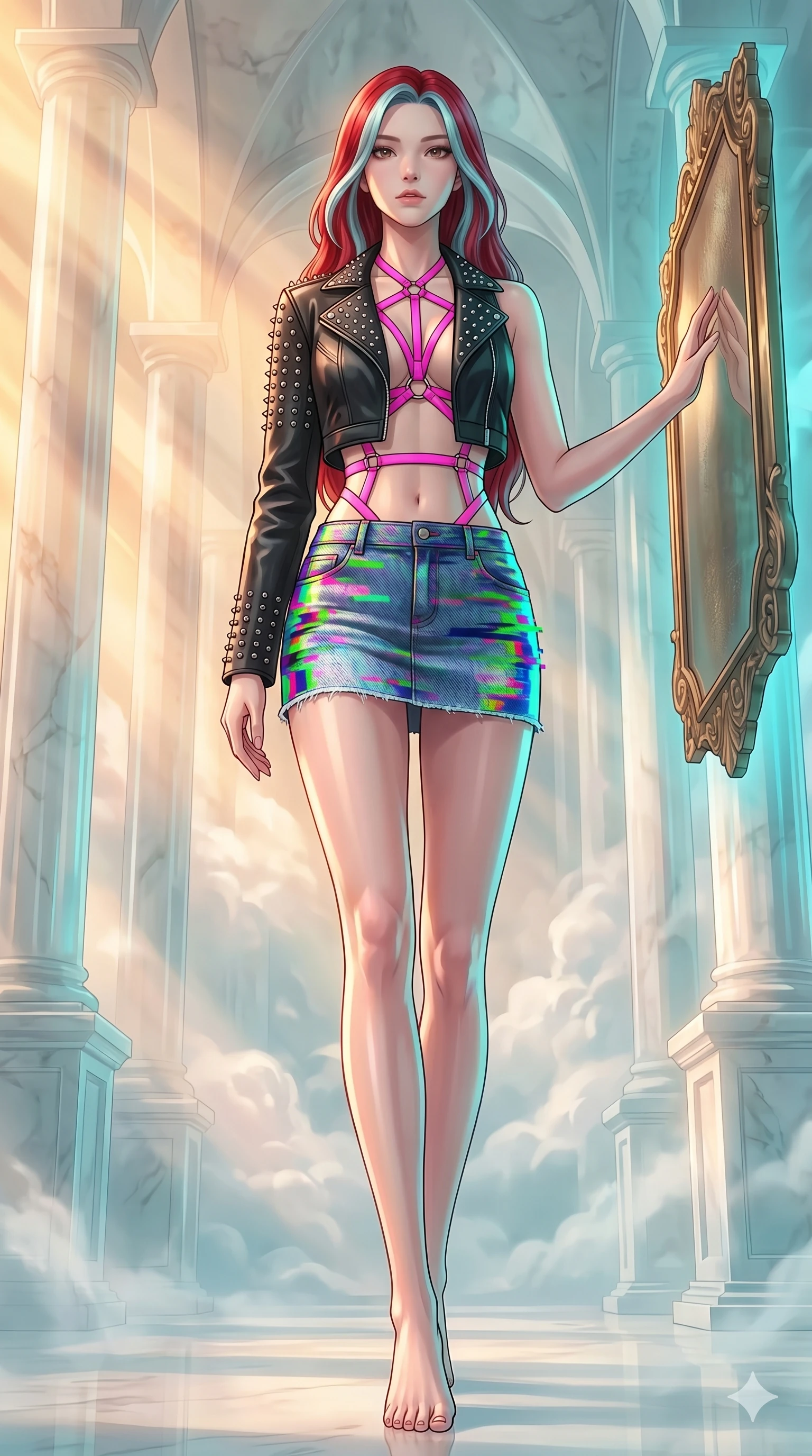 score_9, masterpiece, best quality, ultra-detailed, high-budget anime keyframe, Japanese woman. low angle full-body shot filling the entire 9:16 frame with her statuesque presence, stretching the vertical silhouette. wandering through a mirage cloud cathedral of translucent marble and water mist, surrounded by floating ancient bronze mirror walls. She has an absolutely perfect 8-heads proportion, an exceptionally tall and slender female figure with impossibly long slender legs and an ultra-slim waist. V-shaped jawline, high-bridge nose, intricate jewel-like eyes with depth, thick eyelashes, glossy lips with a natural sheen.. wearing a glitch denim and studded leather outfit, featuring an RGB glitch pattern denim micro-skirt, a single-sleeve cropped leather jacket, and neon pink harness straps. showcasing a beautiful play of light and shadow, with warm golden rays clashing against cool cyan highlights. 2k, ultra detail, master piece, 9:16 ratio