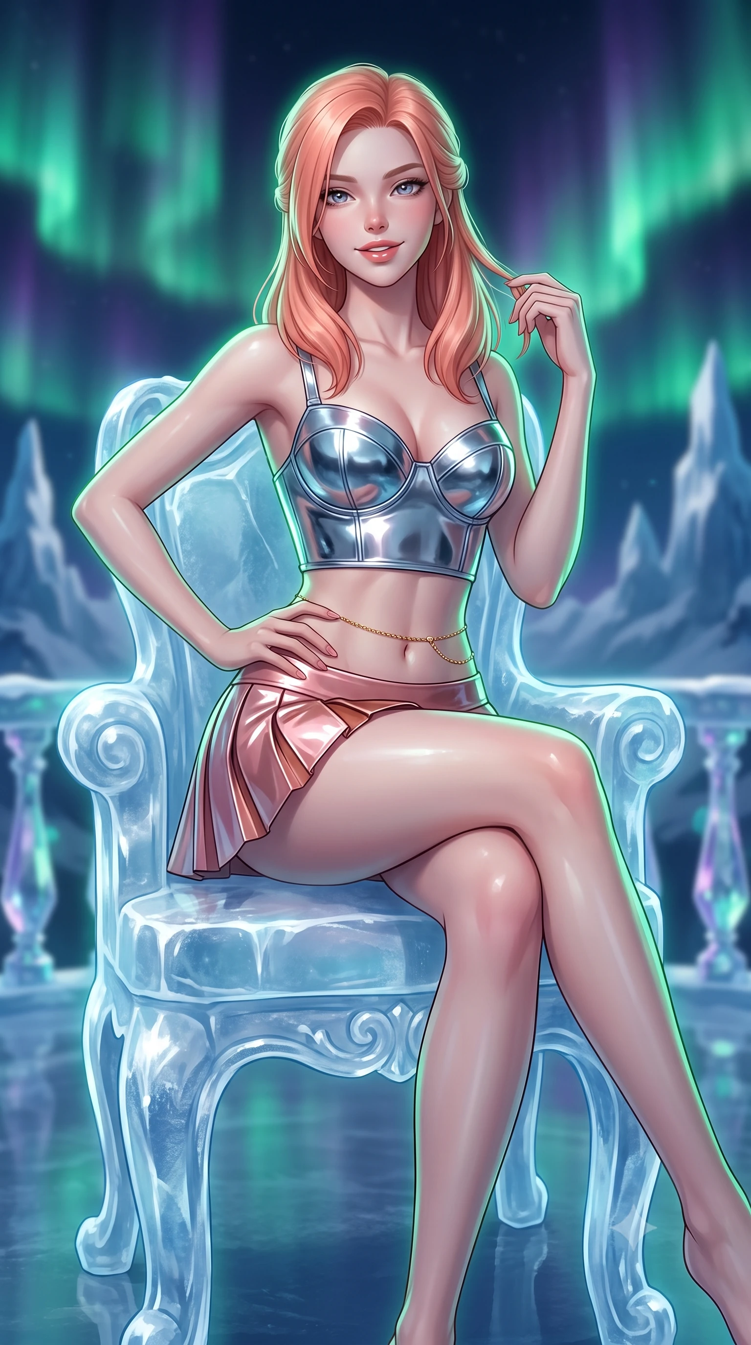 score_9, masterpiece, best quality, ultra-detailed, high-budget anime keyframe, semi-realistic 3D game render, editorial fashion photography, tasteful artistic composition, Japanese woman. close-up cowboy shot from the waist and thighs up, the character dominates the composition, filling the frame with her large presence. twisting her slender torso in an alluring contrapposto stance, one hand resting on her sculpted hip while her fingers toy with her hair with effortless poise while sitting gracefully on the sculpted ice chair with legs crossed, flashing a playful, coquettish smile with parted glossy lips. The background shows a soft-focus rippling emerald and violet southern aurora curtains across the night sky, distant snow-capped glacial spires, and crystal balustrades blurred into jade, amethyst, and diamond bokeh. She has an exceptionally elegant, slender, and willowy female figure with an ultra-slim waist, flat toned midriff, narrow ribcage, and sculpted feminine hips creating an alluring, slim hourglass silhouette without bulk. sharp v-shaped jawline, high-bridge nose, intricate jewel-like sparkling eyes with depth, thick eyelashes, glossy parted lips with a natural peach sheen, bright cheerful beaming smile with an enchanting and coquettish sensual glint, exuding both youthful cute charm and seductive allure, flawlessly proportioned anatomical accuracy, strict slender model proportions, natural body alignment, perfectly sculpted long slender limbs, ultra-slim waistline, clean dynamic posture without body distortion. wearing a chrome-plated structured underwire bustier top paired with an ultra-short low-rise pleated micro mini skirt in rose-quartz blush and burnished copper, tailored from high-gloss patent leather with mirror-like specular highlights, accented with a dainty gold belly chain resting across her flat midriff and curving hips, the form-contouring silhouette accentuating her sculpted flat midriff, narrow delicate ribcage, and gracefully curvy hips with intoxicating allure. illuminated by ice reflection bounce and sharp aurora-green rim lights defining her jawline, narrow waist, and curvy hips. highly saturated vibrant anime colors, detailed shading with soft gradients, rich glossy textures, high-contrast stereoscopic depth, volumetric dynamic lighting, master piece, 9:16 ratio
