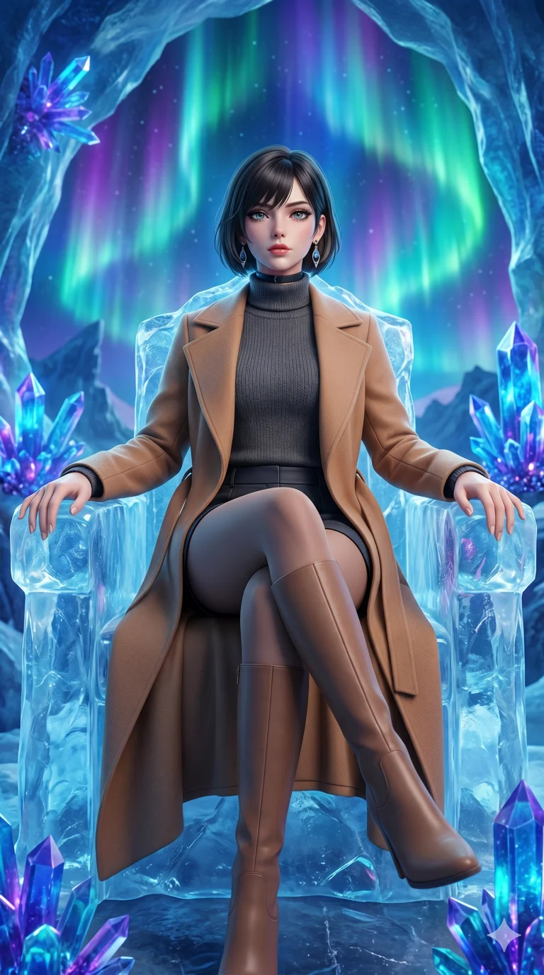 첨부의 캐릭터를 고정하되 의상, 포즈, 손 위의 마법을 다시 그리지마, score_9, masterpiece, best quality, ultra-detailed, Set B: Semi-realistic 3D Game Render, Caucasian woman (strictly human ears). Low angle cowboy shot filling the entire 9:16 frame with her statuesque presence. Sitting on a throne of ice in a cavern filled with vibrant northern lights. She has an absolutely perfect 8-heads proportion, an exceptionally tall and slender female figure with elegant long slender legs and an slender waist. Sharp v-shaped jawline, high-bridge nose, intricate jewel-like eyes with depth, thick eyelashes, glossy lips. Wearing a Seasonal/Resort outfit: cashmere turtleneck with a wrap coat and sleek shorts underneath. Background is a bright and colorful ice cave with glowing aurora effects and sapphire crystals. 2k, ultra detail, master piece, 9:16 ratio