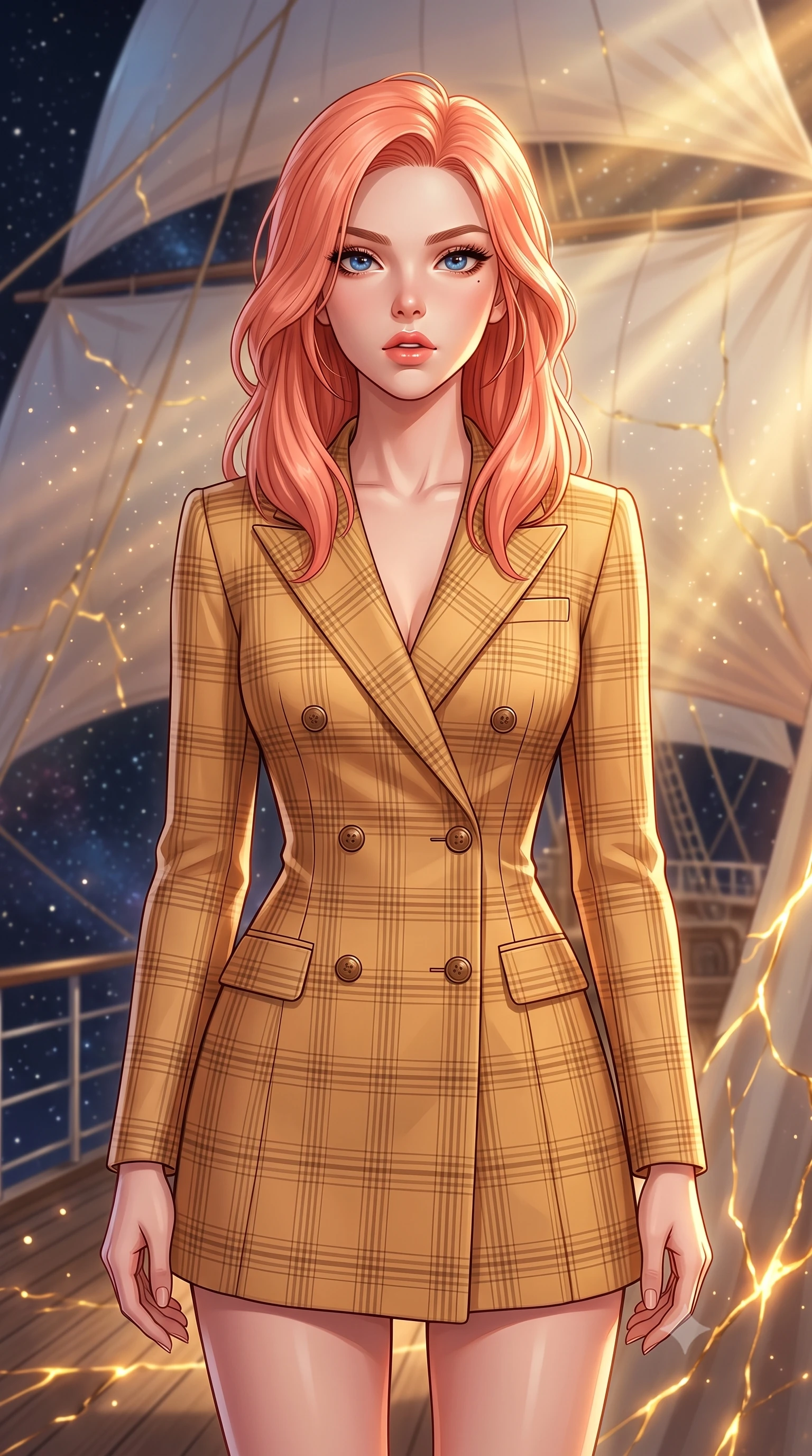 score_9, masterpiece, best quality, ultra-detailed, high-budget anime keyframe, editorial fashion photography, tasteful artistic composition, Japanese woman. close-up cowboy shot from the waist and thighs up, the character dominates the composition, filling the frame with her large presence, background elements kept in soft focus. Looking directly at the camera with a bold fearless expression and parted lips. set against a soft-focus background of the deck of a magnificent interstellar sailing vessel with enormous gossamer light-sails billowing with stellar wind cosmic rays visible as golden streaks against the star-filled void beyond the railings. She has an exceptionally elegant and slender, willowy female figure with an ultra-slim waist, a gracefully sculpted slender torso, and a refined slim physique. sharp v-shaped jawline, high-bridge nose, intricate jewel-like eyes with depth, thick eyelashes, glossy lips with a natural sheen. wearing a fitted double-breasted blazer dress in a bright camel plaid, nips at her ultra-slim waist to emphasize her slender proportions. glowing kintsugi gold light radiating from cracks in the environment creating a majestic inner glow. 2k, ultra detail, master piece, 9:16 ratio
