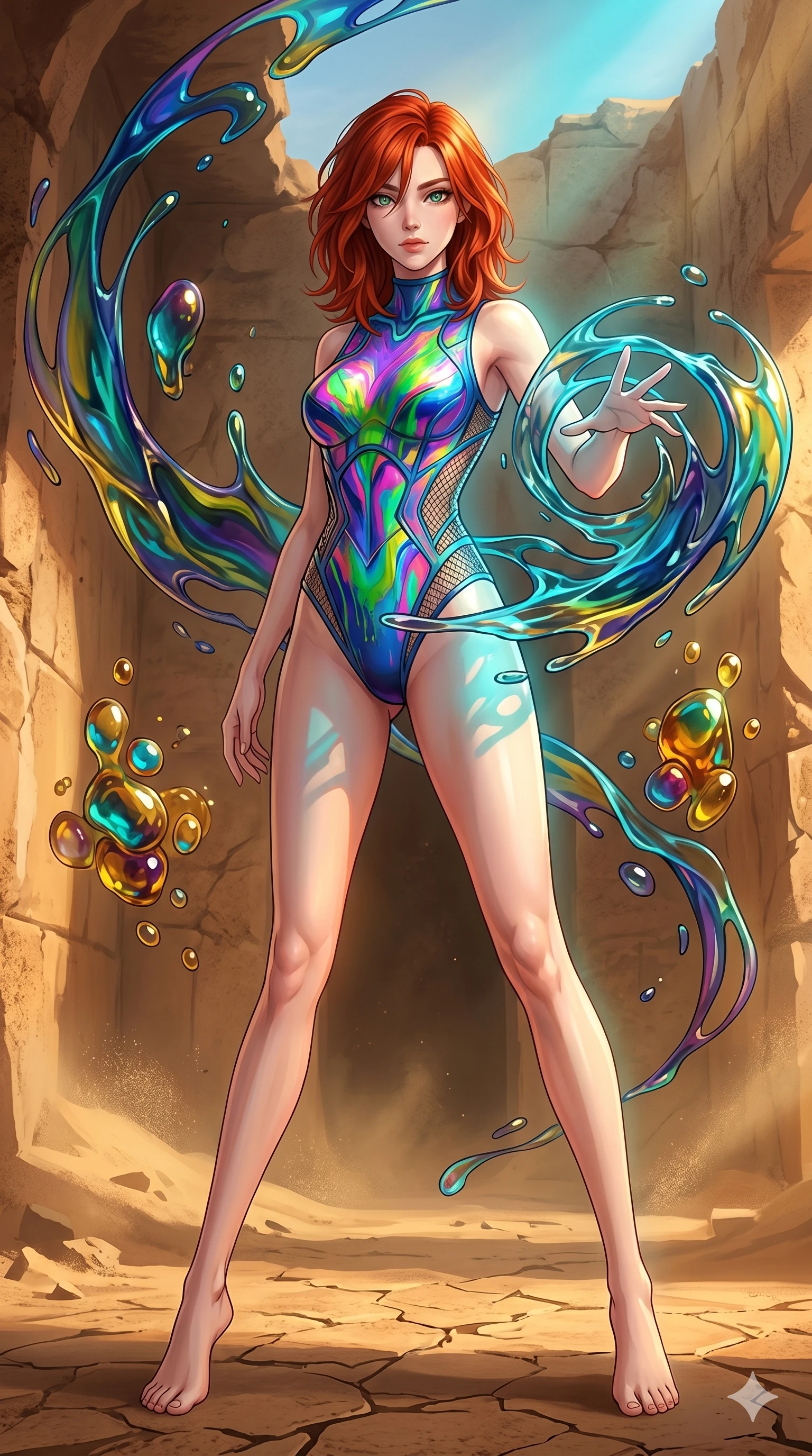 score_9, masterpiece, best quality, ultra-detailed, high-budget anime keyframe, Japanese woman. low angle full-body shot filling the entire 9:16 frame with her statuesque presence, stretching the vertical silhouette. interacting with liquid stained-glass that melts and swirls in mid-air inside a crumbling desert ruin, the fluid jewelry floating in suspension. She has an absolutely perfect 8-heads proportion, an exceptionally tall and slender female figure with impossibly long slender legs and an ultra-slim waist. V-shaped jawline, high-bridge nose, intricate jewel-like eyes with depth, thick eyelashes, glossy lips with a natural sheen.. wearing a liquid acrylic splash bodysuit, featuring a structured bodysuit with vivid fluorescent acrylic-splash surface art and architectural side mesh panels. showcasing a beautiful play of light and shadow, with warm golden rays clashing against cool cyan highlights. 2k, ultra detail, master piece, 9:16 ratio