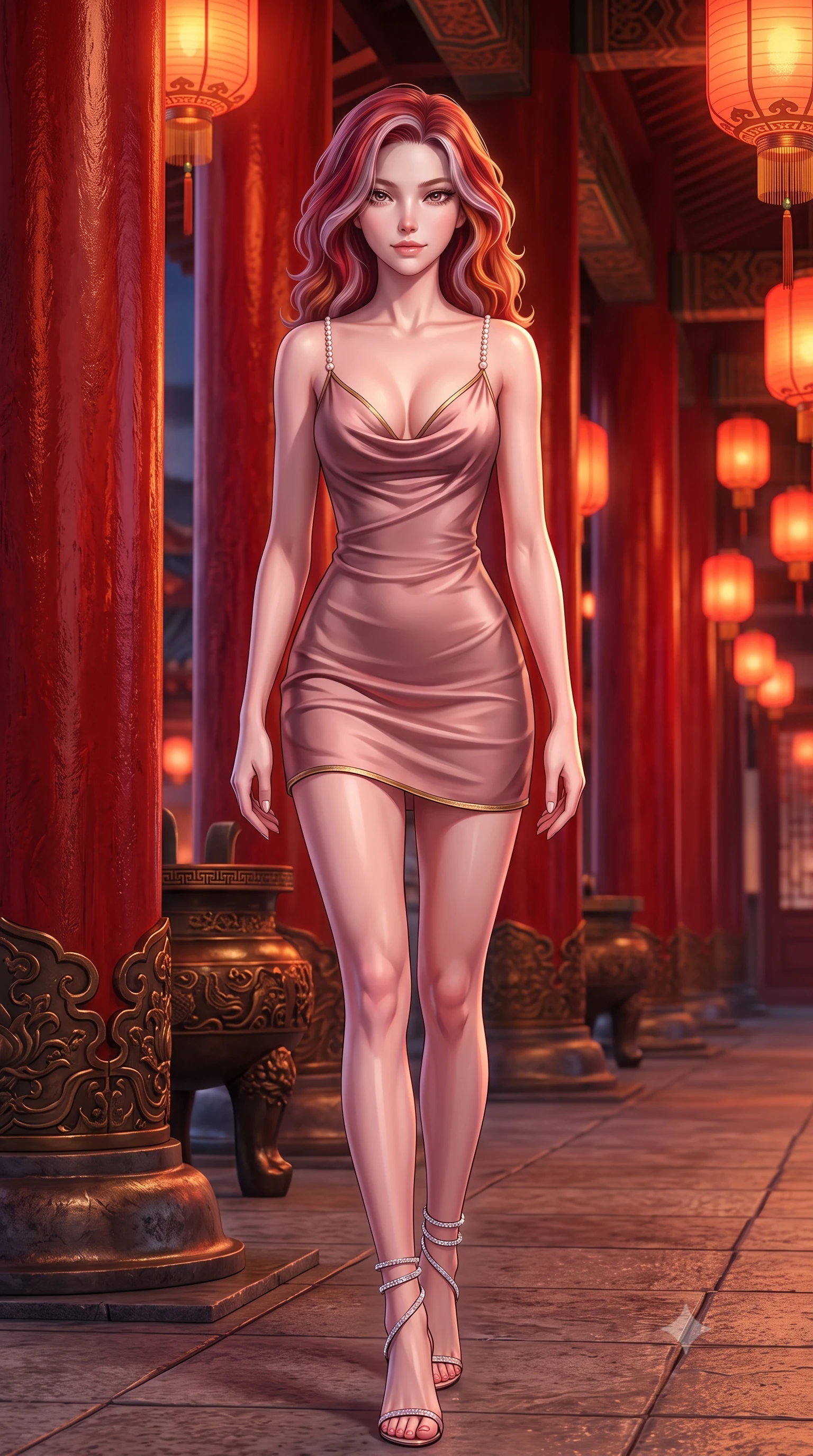 score_9, masterpiece, best quality, ultra-detailed, high-budget anime keyframe, semi-realistic 3D game render, editorial fashion photography, tasteful artistic composition, Caucasian woman. low angle full-body shot from head to toe showing her feet, filling the entire 9:16 vertical frame with her statuesque presence, stretching her vertical silhouette. stepping slowly toward the camera with hypnotic grace, hips swaying in an alluring sensual rhythm that accentuates her curvy hourglass silhouette and long slender legs while standing between massive vermilion pillars along the grand palace veranda, arching her lower back with sovereign queenly grace. The surrounding environment is rendered in vivid detail and crisp panoramic clarity: sharp vermilion pillar lacquer reflections, stone flagstone seams, and bronze brazier relief in deep focus. She has an absolutely perfect, statuesque 8.5-heads proportion, an exceptionally tall and slender model-like female figure with impossibly long slender legs, an ultra-slim waist, a flat toned midriff, narrow delicate ribcage, and beautifully sculpted feminine hips creating a graceful, slim hourglass silhouette without any bulky heaviness. sharp v-shaped jawline, high-bridge nose, sparkling eyes with hypnotic seductive depth, thick curled eyelashes, glossy parted lips with a natural dewy peach sheen, alluring bedroom-eyes with an enchanting coquettish smile, exuding magnetic siren charisma and sophisticated glamour, flawlessly proportioned anatomical accuracy, strict slender model proportions, natural body alignment, perfectly sculpted long slender limbs, ultra-slim waistline, clean dynamic posture without body distortion. wearing a low-cut draped cowl-back satin slip mini dress with dainty pearl spaghetti straps in dusky blush rose and antique gold trims, made of semi-opaque stretch illusion mesh with soft shadowy contours, complemented by strappy stiletto sandals with crystal ankle wraps accentuating her slender calves, the liquid-tight tailored fabric clinging flawlessly to her narrow waist and rounded feminine hips, emphasizing every millimeter of her sculpted slim hourglass curves without any bulky heaviness. bathed in the warm crimson-and-amber glow of ceremonial palace lanterns. highly saturated vibrant anime colors, detailed shading with soft gradients, rich glossy textures, high-contrast stereoscopic depth, volumetric dynamic lighting, master piece, 9:16 ratio