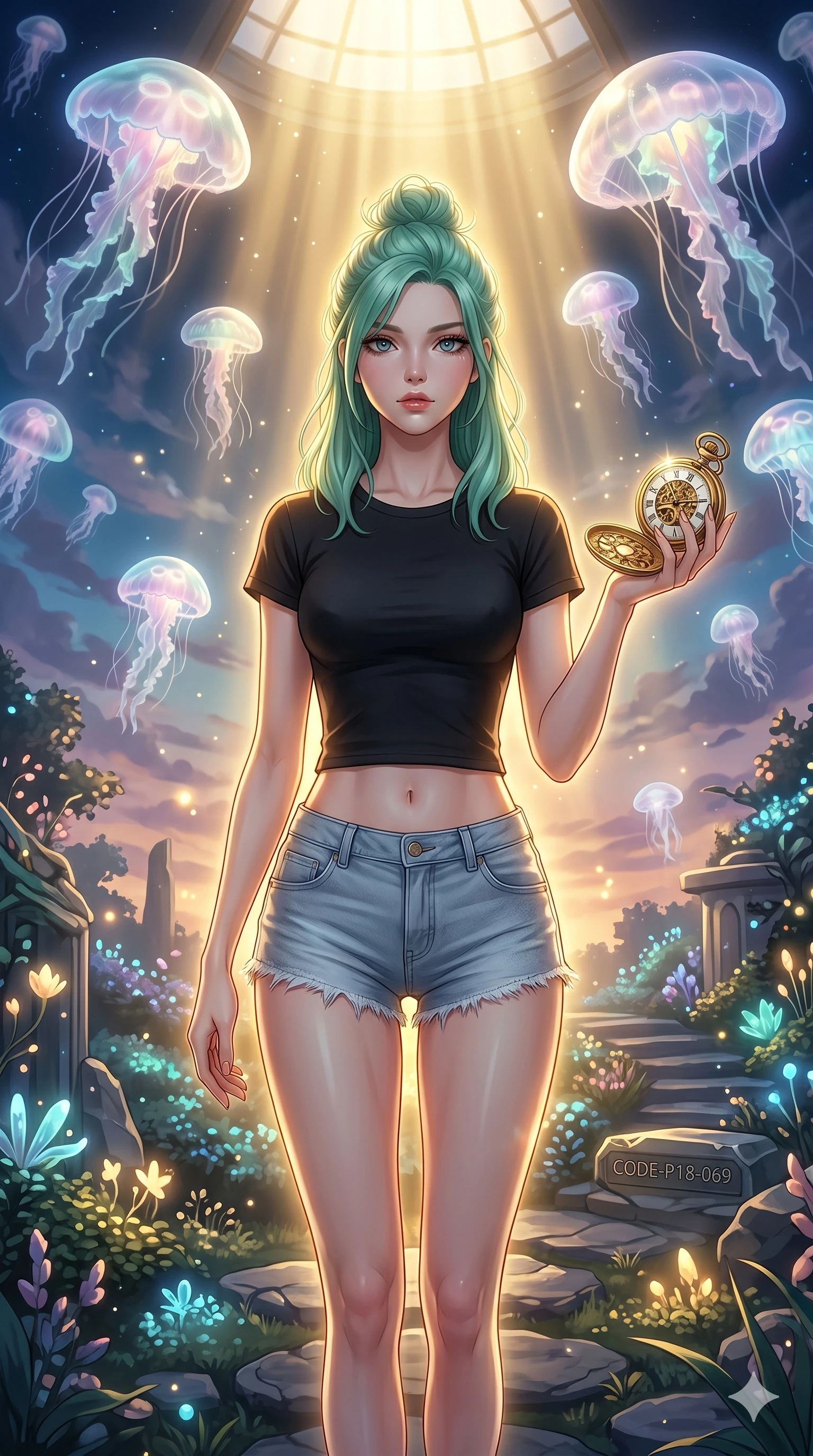 score_9, masterpiece, best quality, ultra-detailed, high-budget anime keyframe, editorial fashion photography, tasteful artistic composition, Japanese woman. cowboy shot from the thighs up, character and outfit filling the frame for maximum editorial presence. holding a golden pocket watch, looking past the camera in a bioluminescent sky garden with floating translucent jellyfish clouds (Code-P18-069). She has an absolutely perfect 8-heads proportion, an exceptionally tall and slender female figure with impossibly long slender legs and an ultra-slim waist. V-shaped jawline, high-bridge nose, intricate jewel-like eyes with depth, thick eyelashes, glossy lips with a natural sheen. wearing a modern crop top exposing her bare midriff, paired with denim micro-shorts. brilliant golden rays from the ceiling, creating a warm glowing aura on her silhouette. 2k, ultra detail, master piece, 9:16 ratio