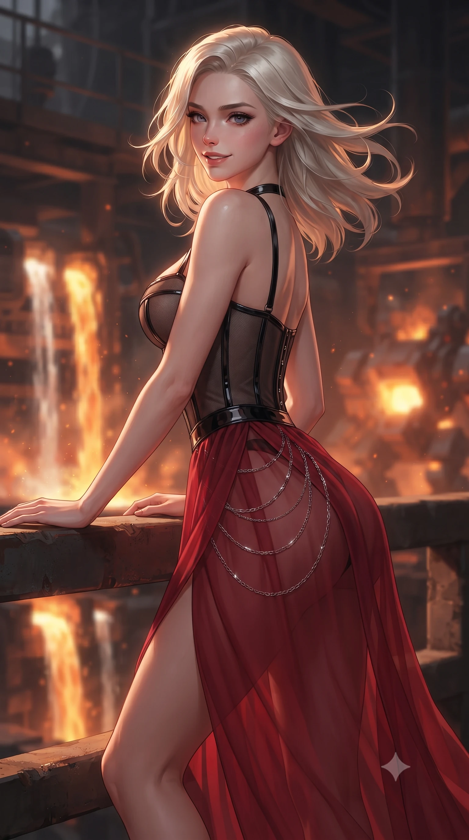 score_9, masterpiece, best quality, ultra-detailed, high-budget anime keyframe, editorial fashion photography, tasteful artistic composition, Caucasian woman. close-up cowboy shot from the waist and thighs up, the character dominates the composition, filling the frame with her large presence. turning slowly with an enchanting smoldering smile, her glossy hair tossing in the breeze as her hips angle gracefully in a captivating contrapposto while leaning against the thermal blast balustrade with hips cocked back, looking through rising copper heat ripples at glowing mech chassis with smoldering bedroom-eyes. The background shows a soft-focus cascading waterfalls of molten liquid slag, glowing orange forge furnaces, and massive hydraulic piston exhausts blurred into amber, copper, and ruby bokeh. She has an exceptionally elegant, slender, and willowy female figure with an ultra-slim waist, flat toned midriff, narrow ribcage, and sculpted feminine hips creating an alluring, slim hourglass silhouette without bulk. sharp v-shaped jawline, high-bridge nose, intricate jewel-like sparkling eyes with depth, thick eyelashes, glossy parted lips with a natural peach sheen, bright cheerful beaming smile with an enchanting and coquettish sensual glint, exuding both youthful cute charm and seductive allure, flawlessly proportioned anatomical accuracy, strict slender model proportions, natural body alignment, perfectly sculpted long slender limbs, ultra-slim waistline, clean dynamic posture without body distortion. wearing a provocative translucent mesh corset bodice with boned satin channels paired with a sheer chiffon wrap maxi skirt in Star-Fortress obsidian black and imperial crimson, tailored from high-gloss patent leather with mirror-like specular highlights, accented with an open-back drape framed by falling strands of delicate chrome chains, the impeccably tailored cut draping gracefully along her slender figure with aristocratic poise. illuminated by molten slag reflection bounce and sharp copper-gold rim lights sculpting her razor-sharp jawline, narrow waist, and curvy hips. ultra-reflective glossy finish, specular highlights, rich textural contrasts, high-contrast stereoscopic depth, volumetric dynamic lighting, 2k, ultra detail, master piece, 9:16 ratio