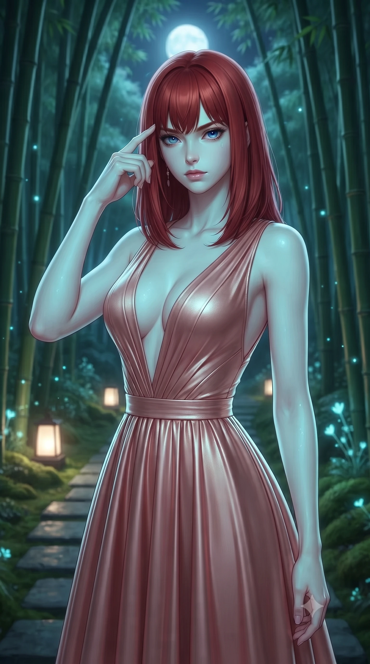 score_9, masterpiece, best quality, ultra-detailed, high-budget anime keyframe, editorial fashion photography, tasteful artistic composition, Caucasian woman, strictly human ears. close-up cowboy shot from the waist and thighs up, the character dominates the composition, filling the frame with her large presence, background elements kept in soft focus. Pressing two fingers to her temple in a composed thoughtful gesture. set against a soft-focus background of a perfectly maintained bamboo grove walkway under full moonlight with towering green bamboo stalks creating a natural cathedral stone path with embedded lanterns and soft moss underfoot. She has an exceptionally elegant and slender, willowy female figure with an ultra-slim waist, a gracefully sculpted slender torso, and a refined slim physique. sharp v-shaped jawline, high-bridge nose, intricate jewel-like eyes with depth, thick eyelashes, glossy lips with a natural sheen. wearing a floor-length gown in liquid rose gold, featuring an ultra-deep plunging V-neckline and a highly structured bodice. soft aqua bioluminescent light making her skin luminously glow against darkness. 2k, ultra detail, master piece, 9:16 ratio