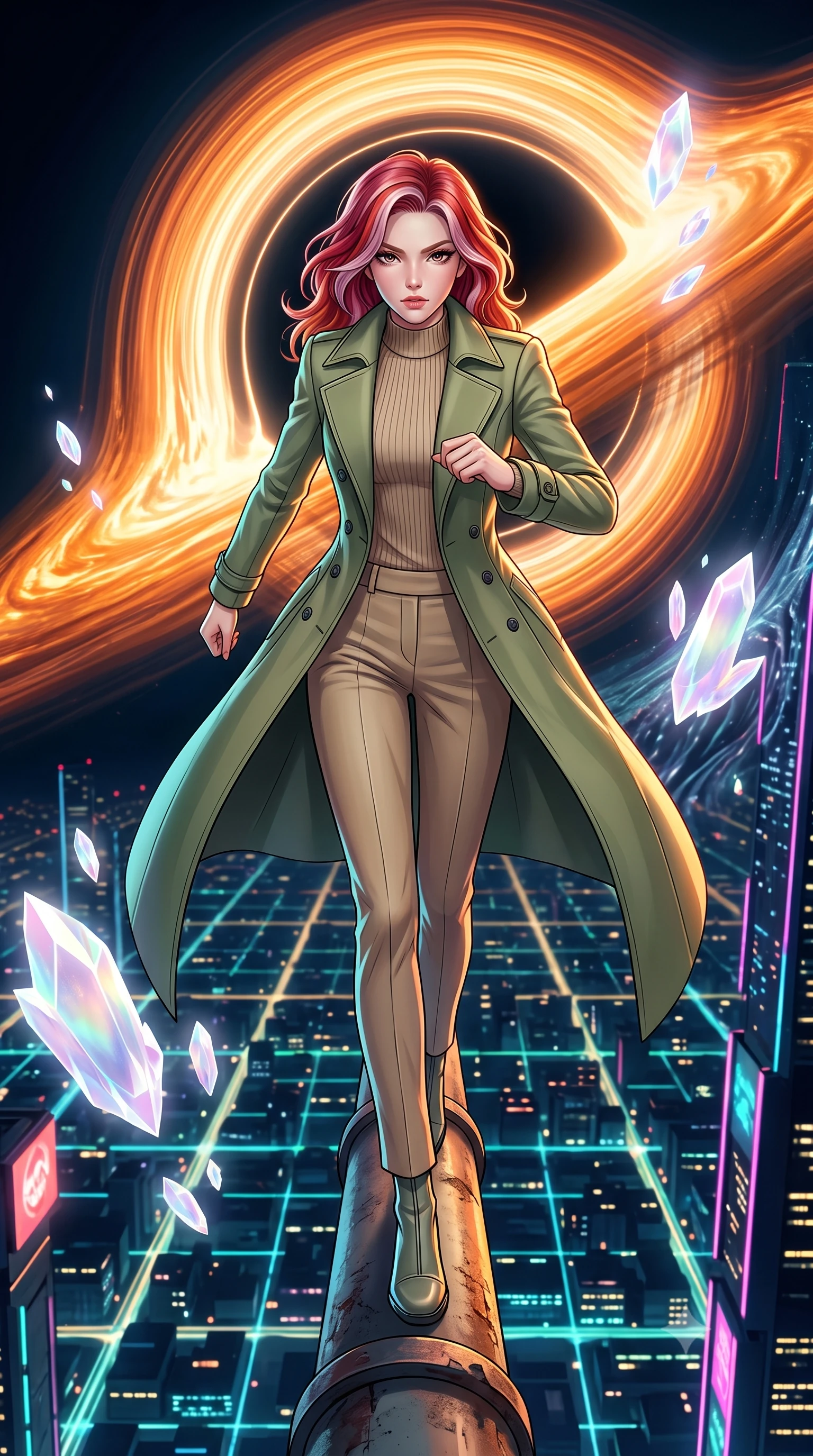 score_9, masterpiece, best quality, ultra-detailed, high-budget anime keyframe, editorial fashion photography, tasteful artistic composition, Caucasian woman, strictly human ears. low angle full-body shot from head to toe showing her feet, filling the entire 9:16 vertical frame with her statuesque presence, stretching her vertical silhouette. dashing forward aggressively along a narrow pipe high above the neon city grid through at the edge of a black hole accretion disk, a swirling river of orange and gold plasma bending under gravity waves. She has a statuesque 8.5-heads proportion, an exceptionally tall, slender and willowy model-like build with impossibly long legs and a highly sculpted ultra-slim waist. sharp v-shaped jawline, high-bridge nose, intricate jewel-like eyes with depth, thick eyelashes, glossy lips with a natural sheen. wearing tailored for maximum mobility, sleek form-contouring panels that allow fluid movement, a form-contouring structured double-breasted trench in soft olive green over a beige ribbed knit mock-neck top and trousers. highly saturated vibrant anime colors, intense vivid color palette, soft 3D volumetric shading, volumetric dynamic lighting, ethereal pearlescent light emanating from floating crystalline formations all around. 2k, ultra detail, master piece, 9:16 ratio